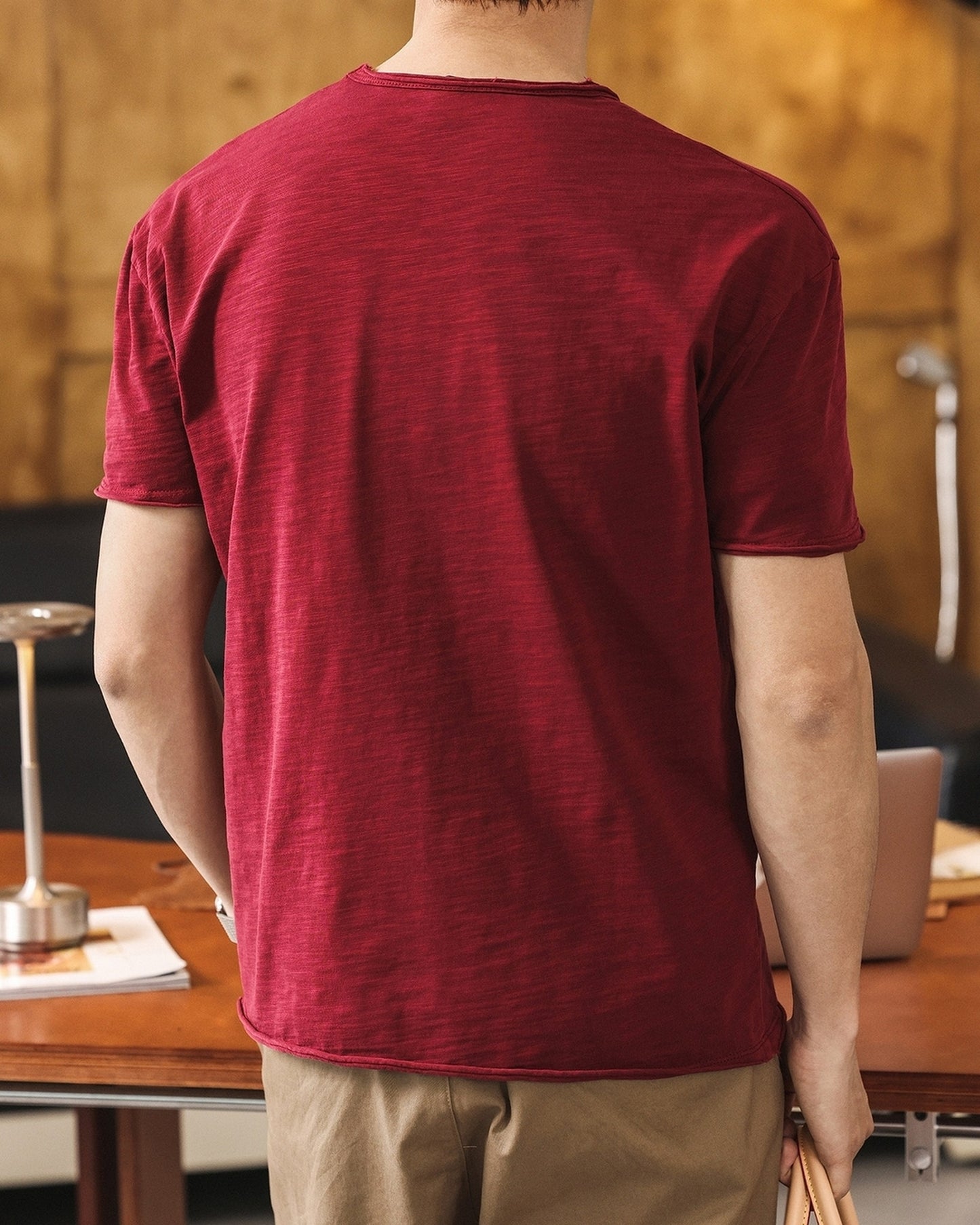 american retro slub cotton v-neck short sleeve t-shirt 7color 【ACT0160】