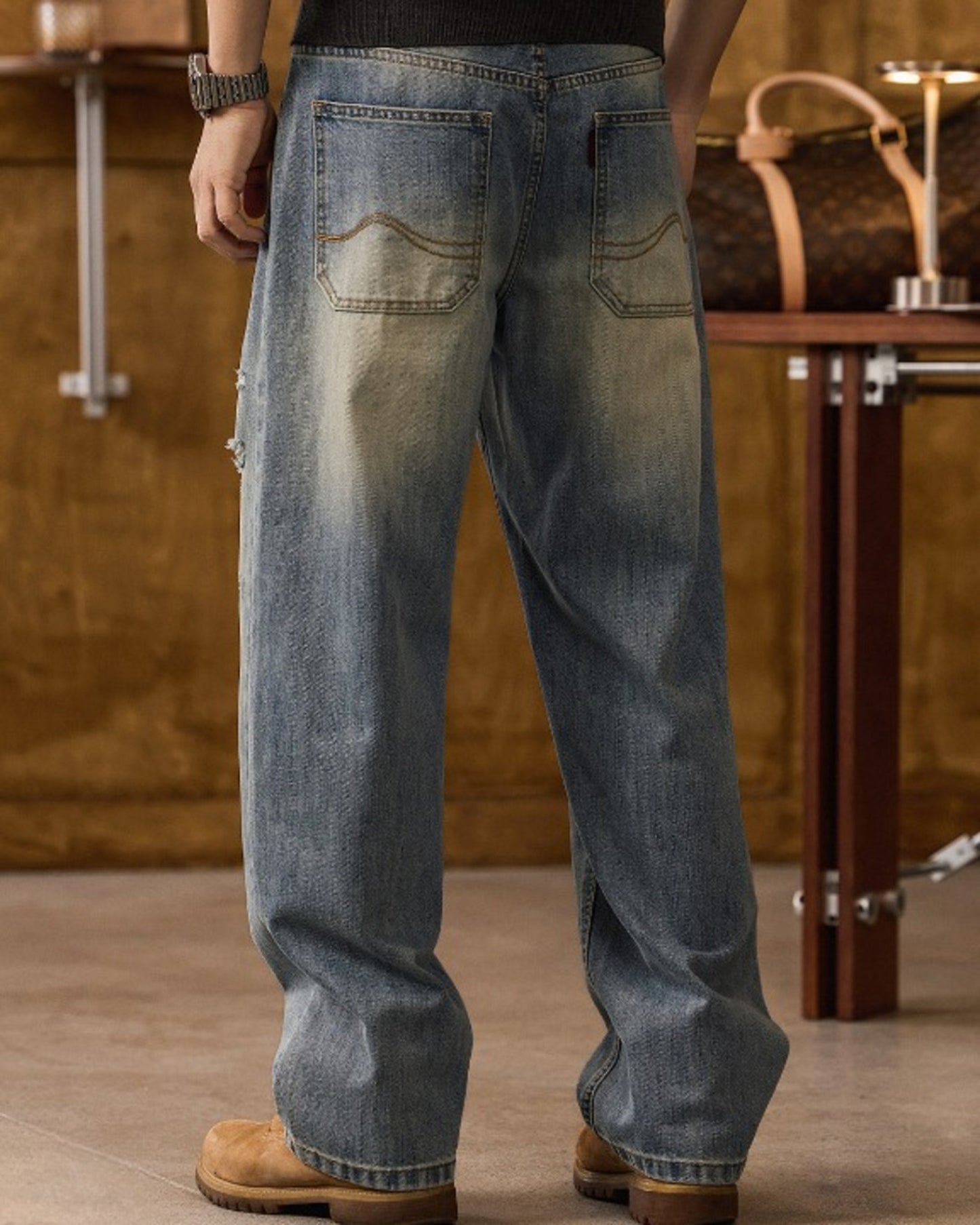 loose straight distressed denim pants 【ACT0187】