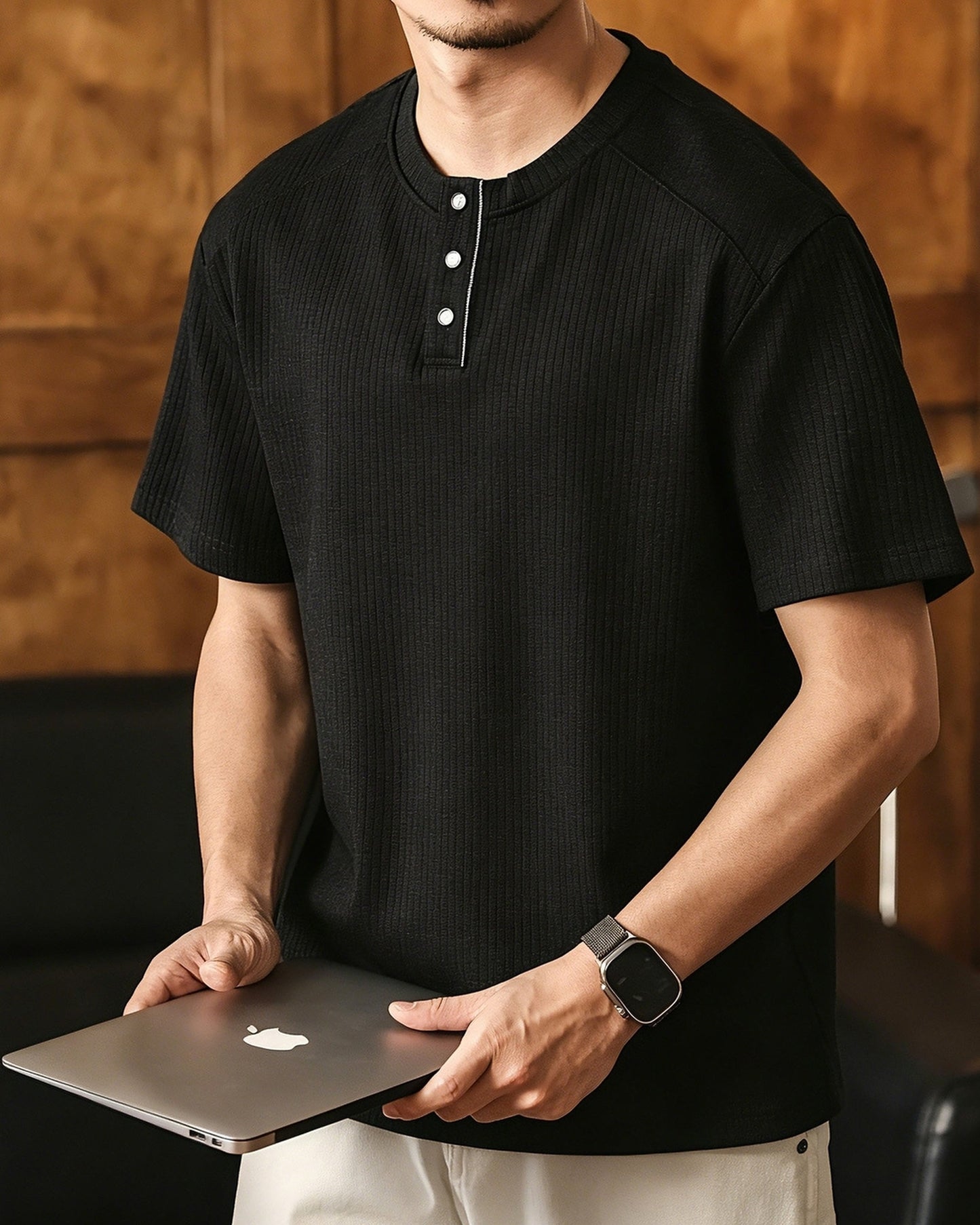 henley neck short sleeve T-shirt 4color 【ACT0235】