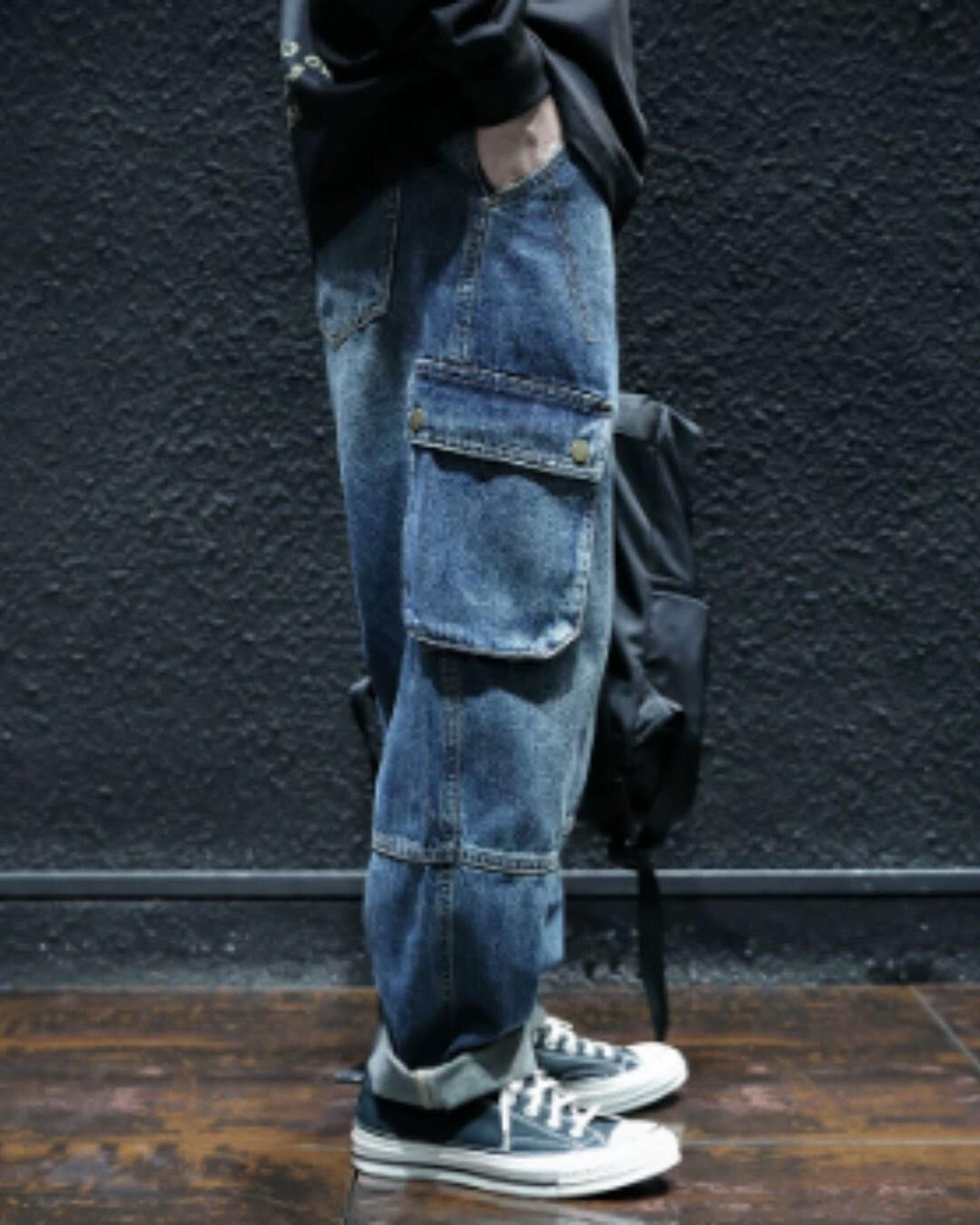 vintage processed loose fit cargo denim pants 【ACT0023】