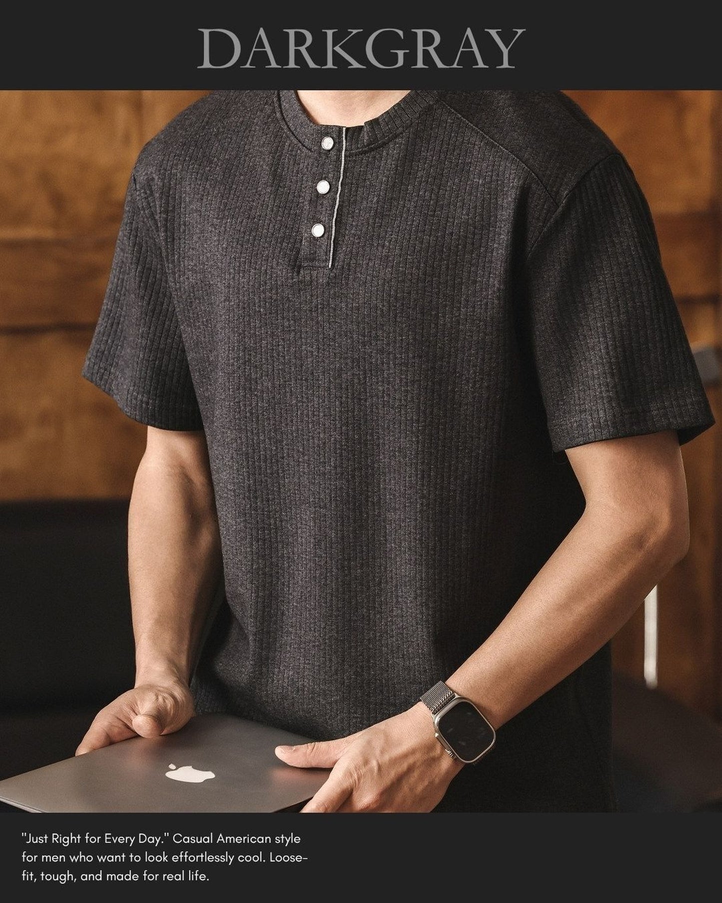 henley neck short sleeve T-shirt 4color 【ACT0235】