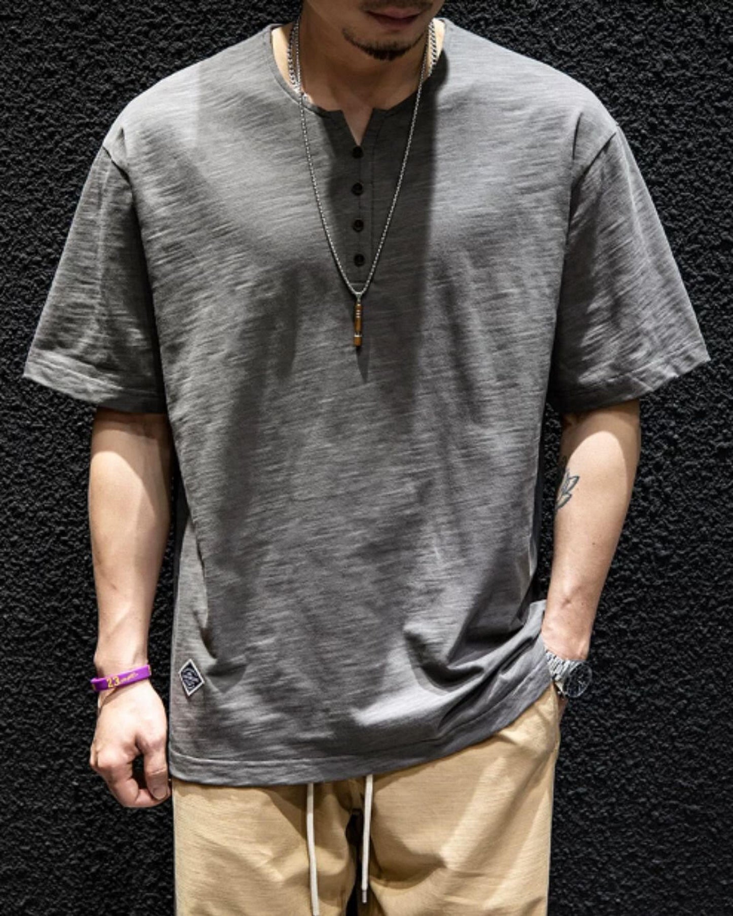 button front v-neck t-shirt 4color 【ACT0034】