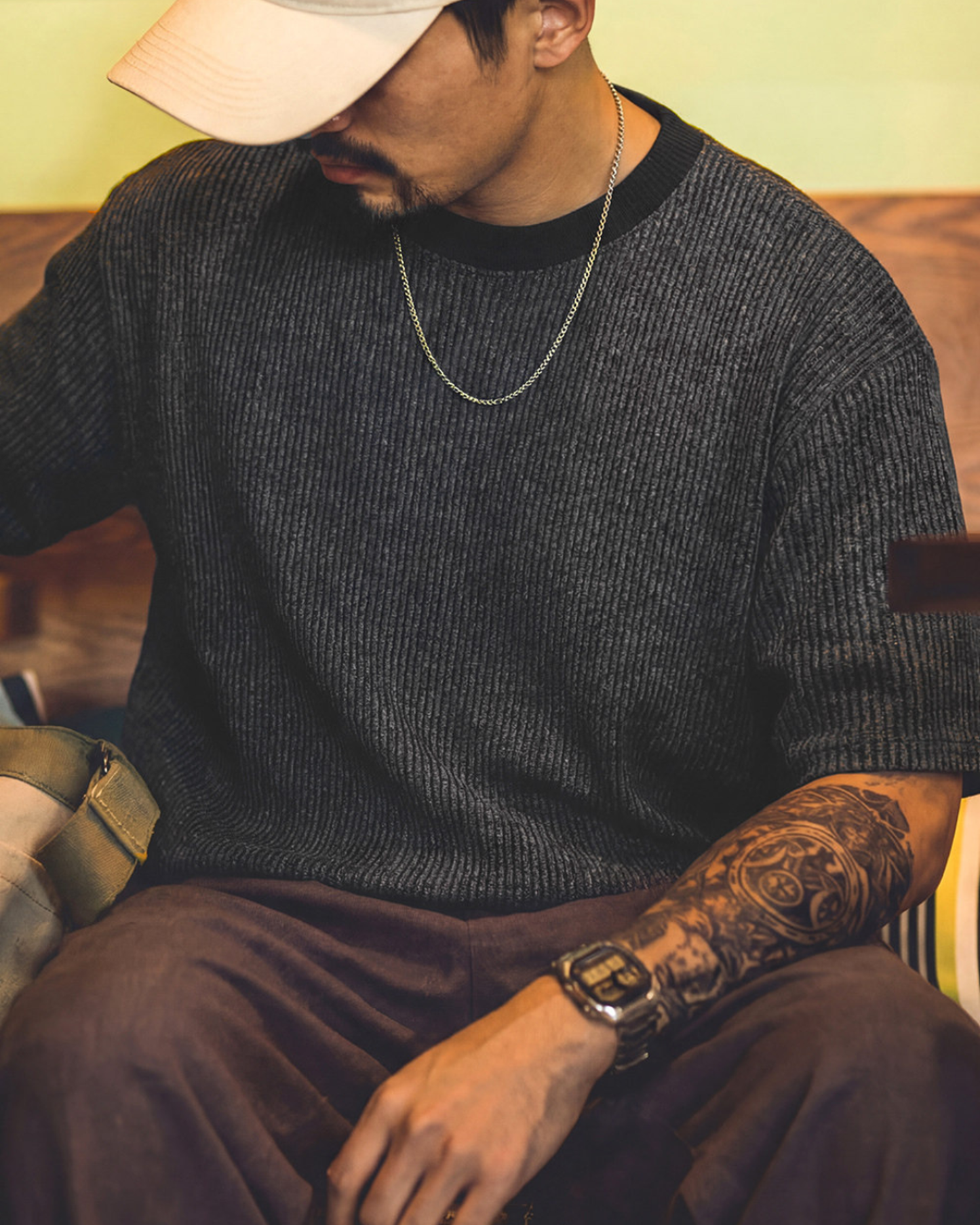 Vertical stripe rib knit t-shirt 【ACT0064】