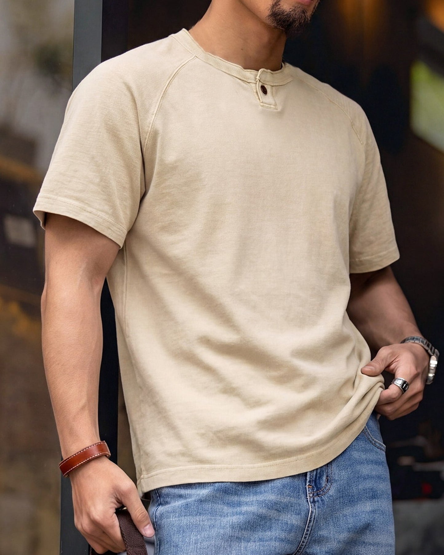 Henley-Neck Raglan-Sleeve Loose Casual T-Shirt 2color 【ACT0085】