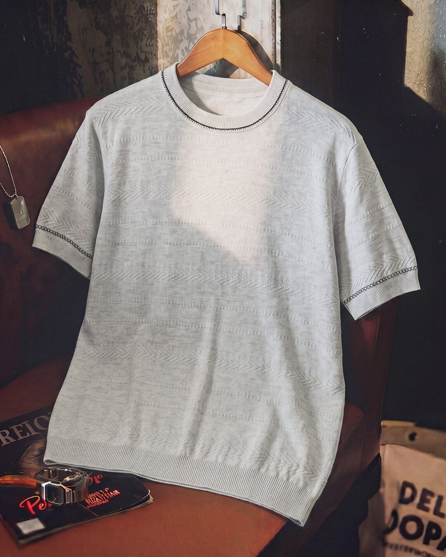 Pattern-Knit Contrast-Trim Loose Casual Knit-Shirt 3color 【ACT0086】