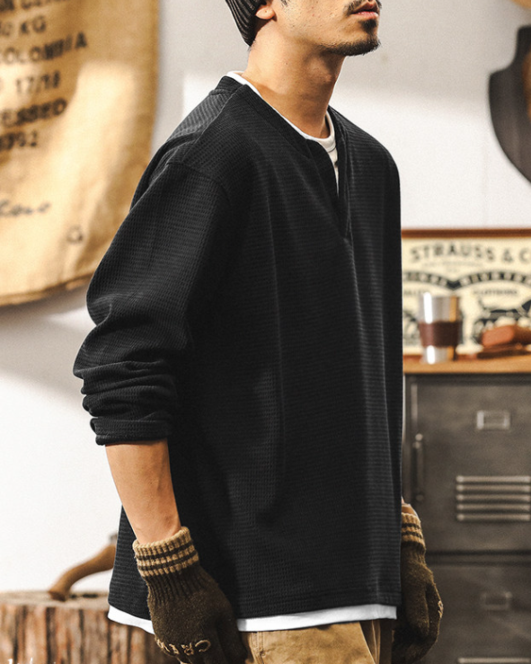 【M-4XL】waffle henley neck long sleeve shirt 【ACT0249】