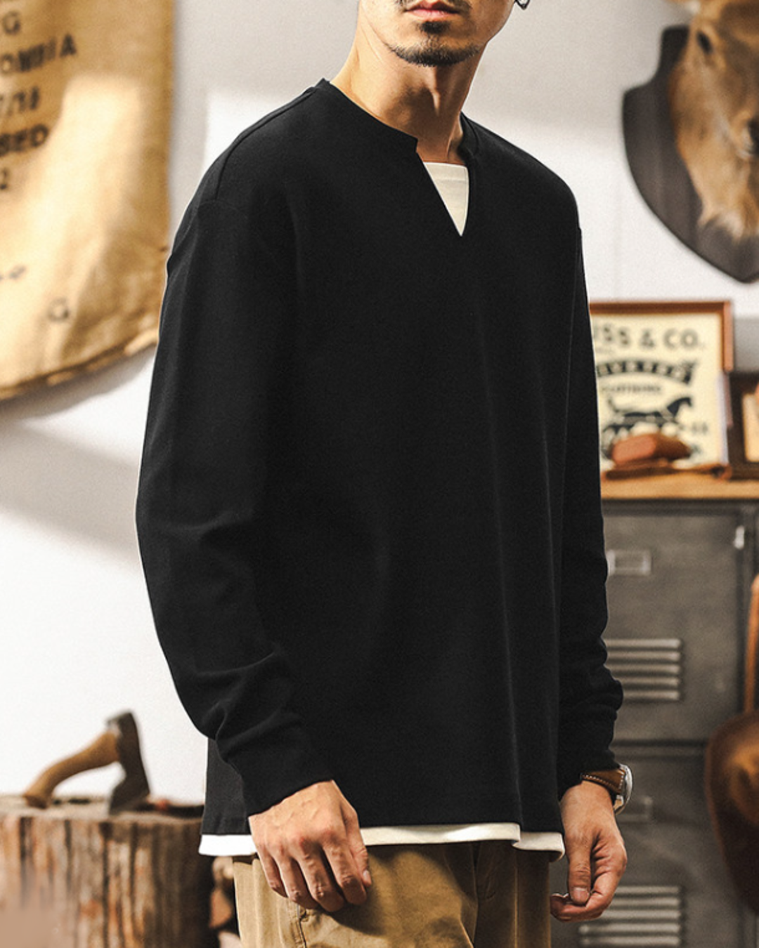 【M-4XL】layered v-neck long sleeve sweatshirt 【ACT0247】