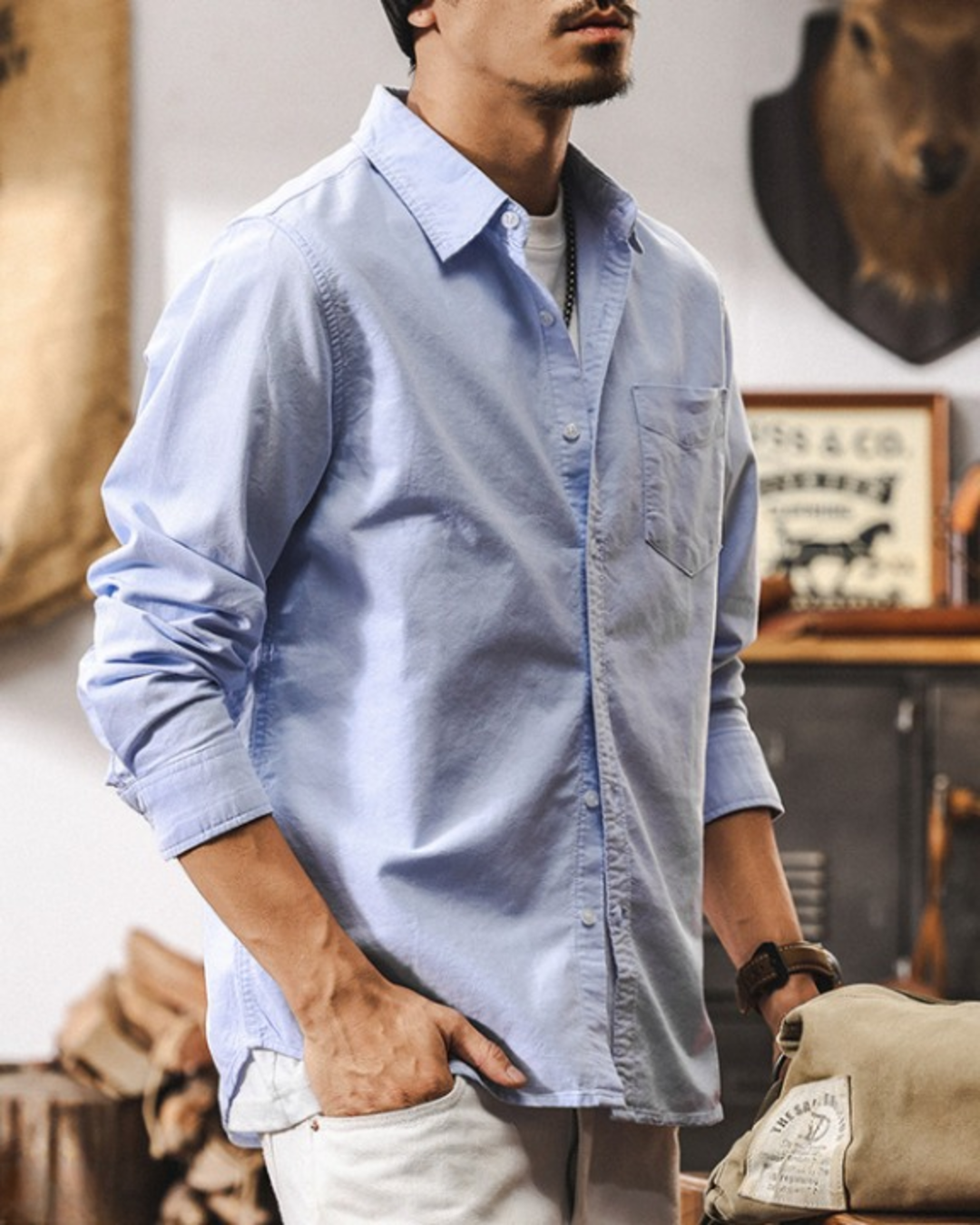 【M-3XL】casual washed solid long sleeve shirt 【ACT0296】