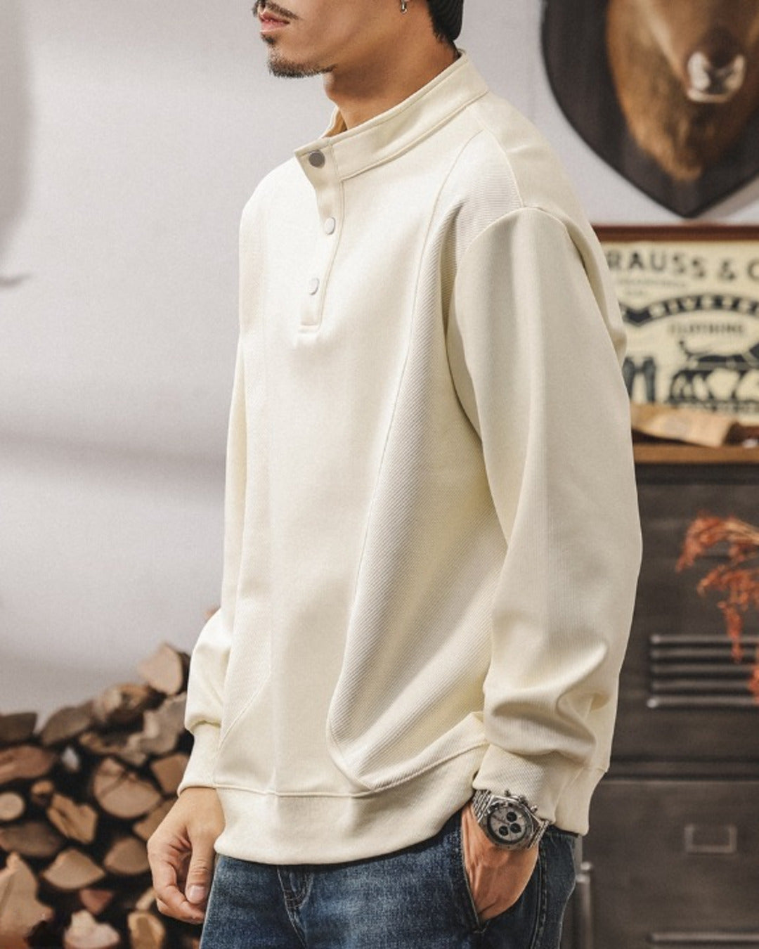 【M-4XL】henley neck vintage casual sweatshirt 【ACT0256】