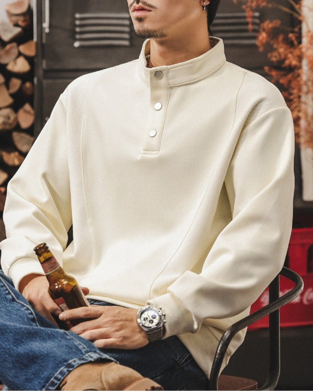 【M-4XL】henley neck vintage casual sweatshirt 【ACT0259】