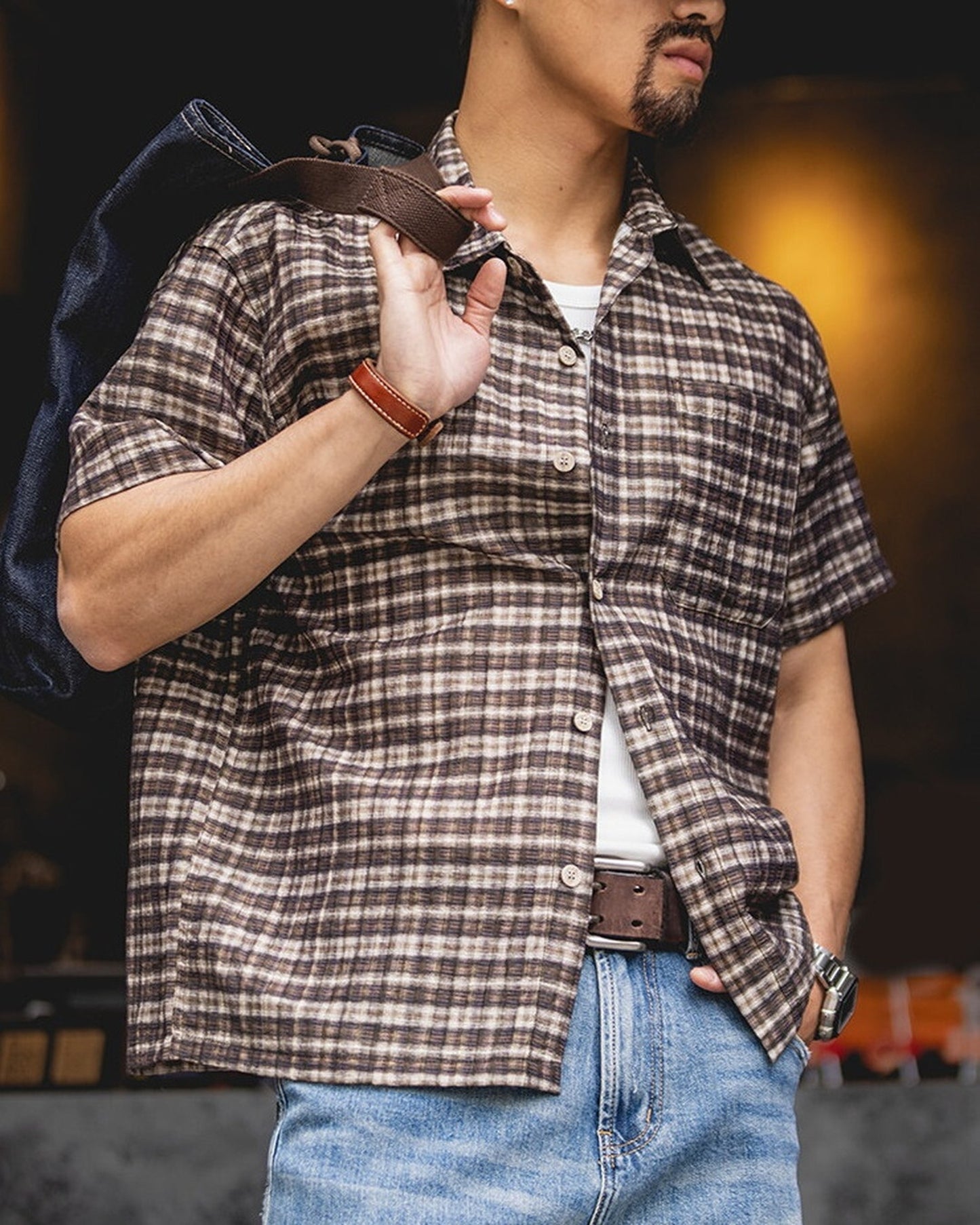Classic-Check Pocket Loose Casual Short-Sleeve Shirt 【ACT0130】