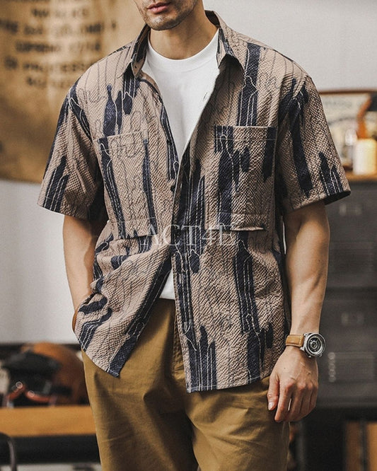 vintage pattern loose short sleeve work shirt 2color 【ACT0227】