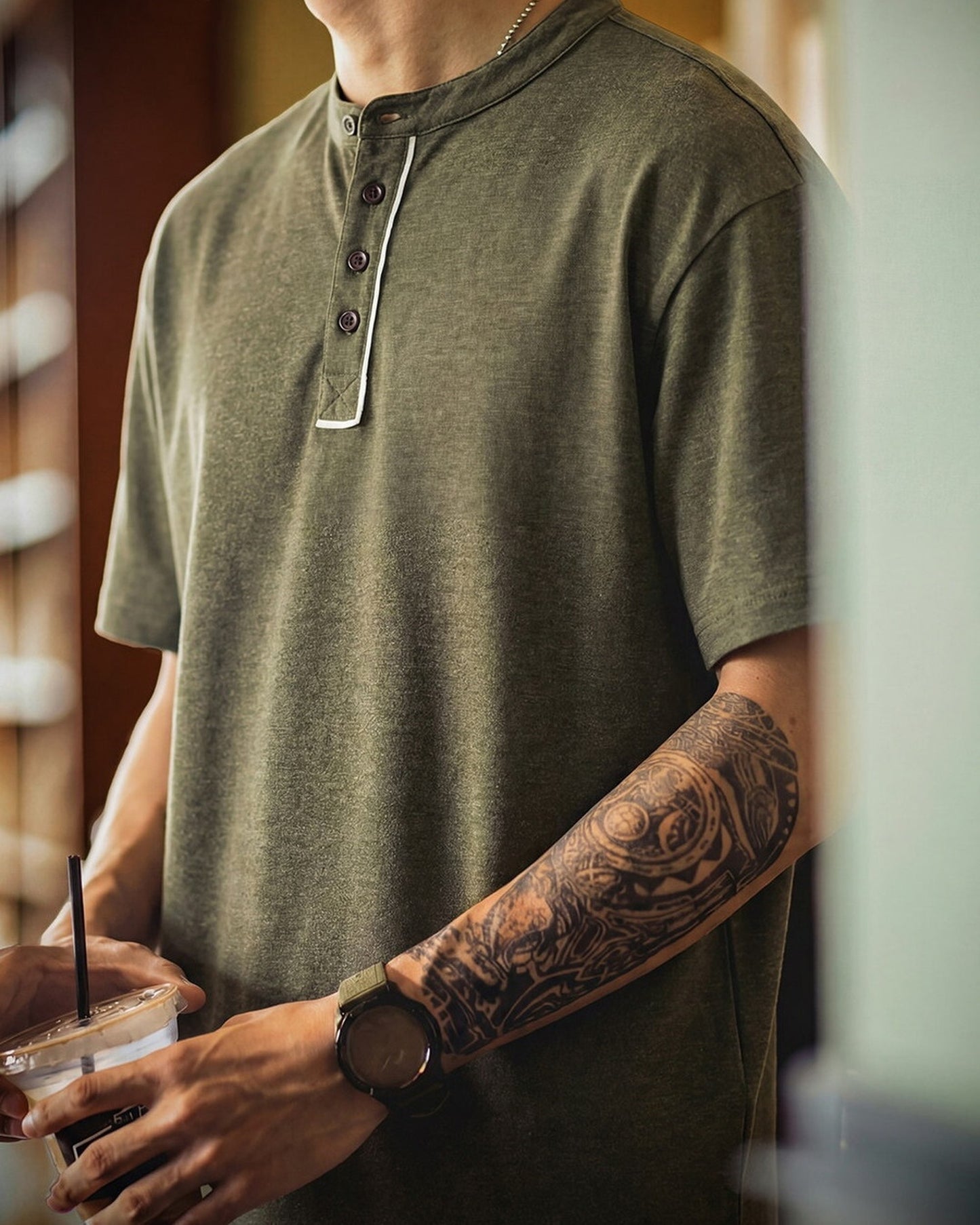 Linen-Blend Piping Relaxed Henley Neck T-Shirt 【ACT0113】