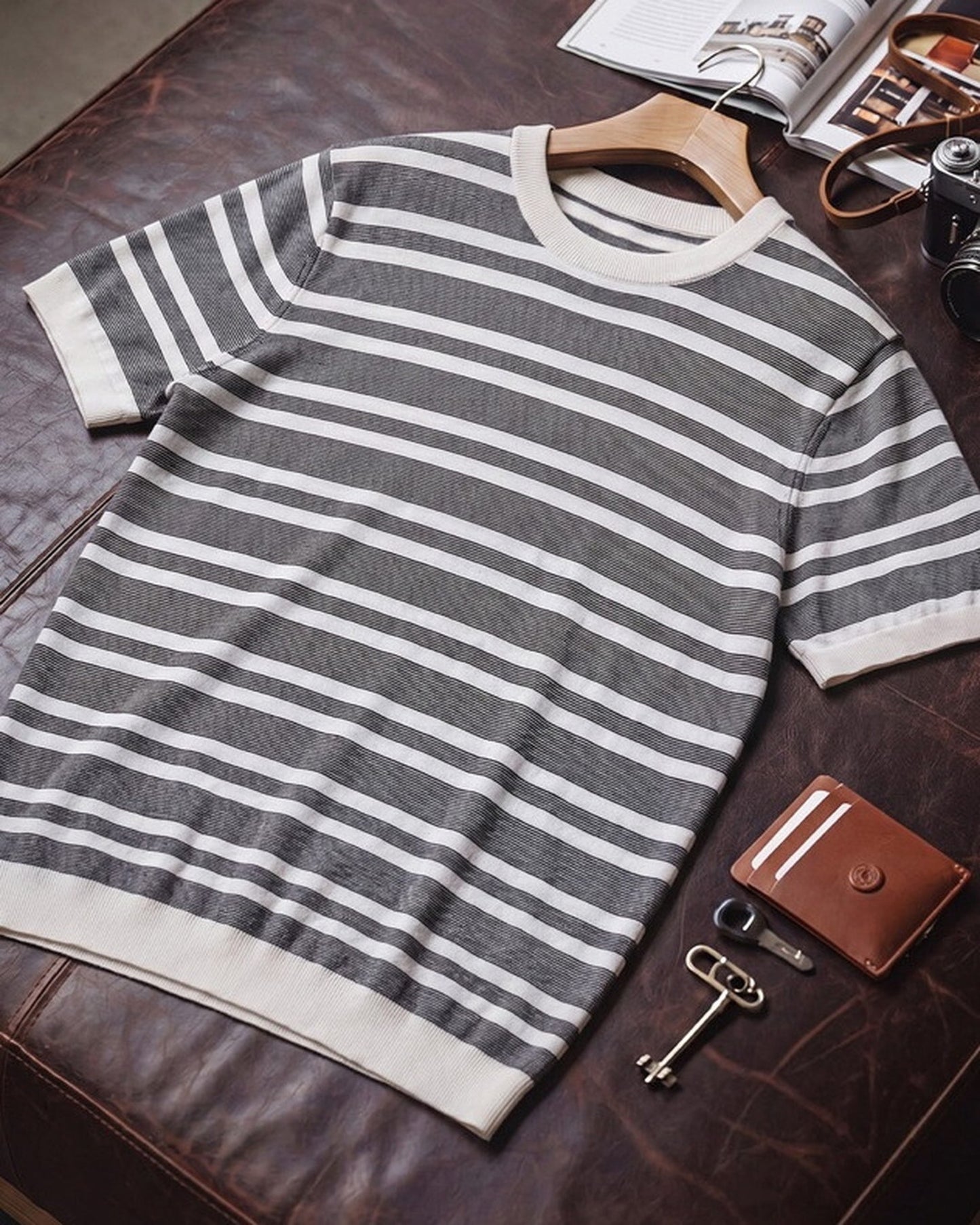 Short Sleeve Relaxed Fit Striped Crew Neck Knit T-Shirt 2color 【ACT0123】