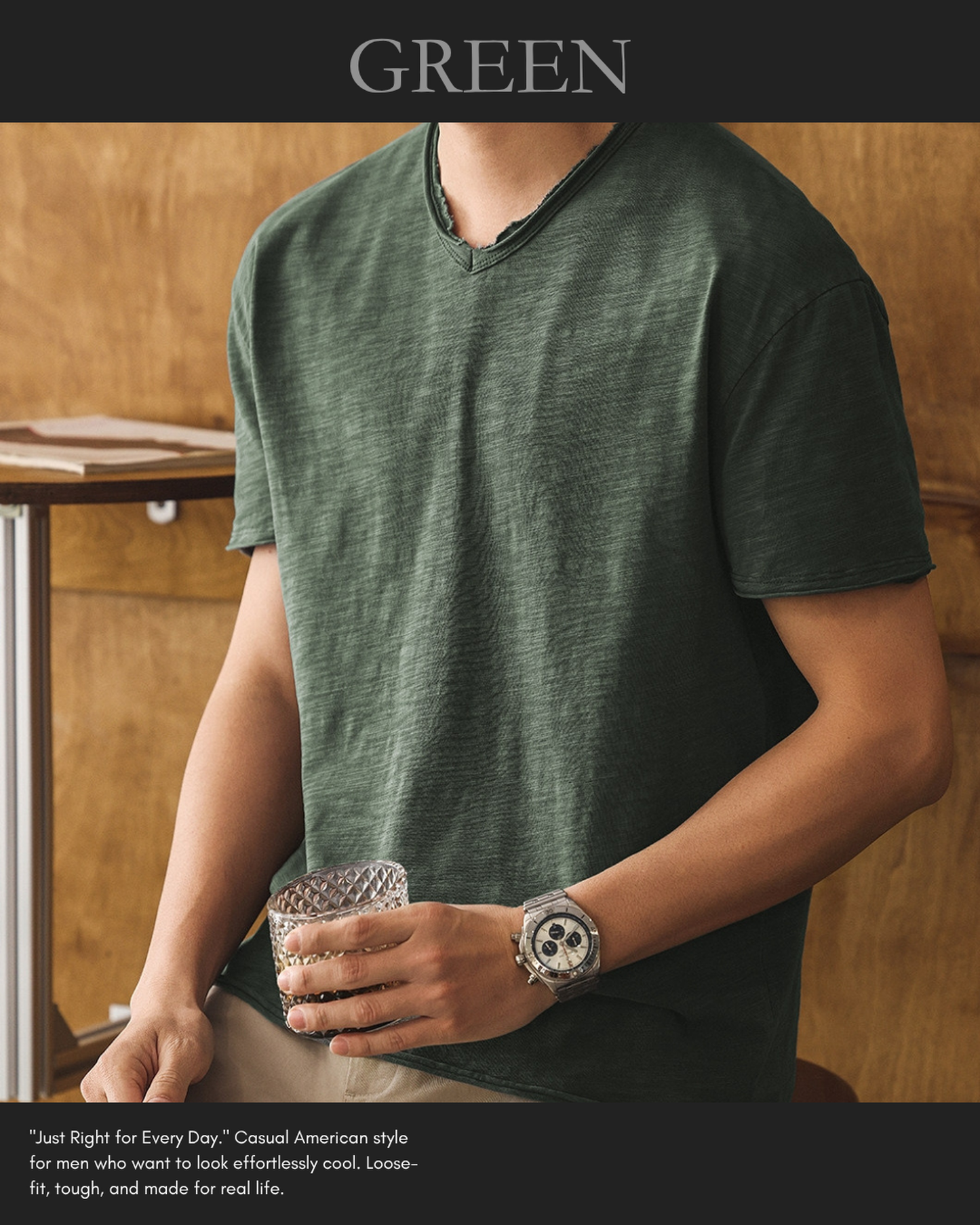 american retro slub cotton v-neck short sleeve t-shirt 7color 【ACT0160】