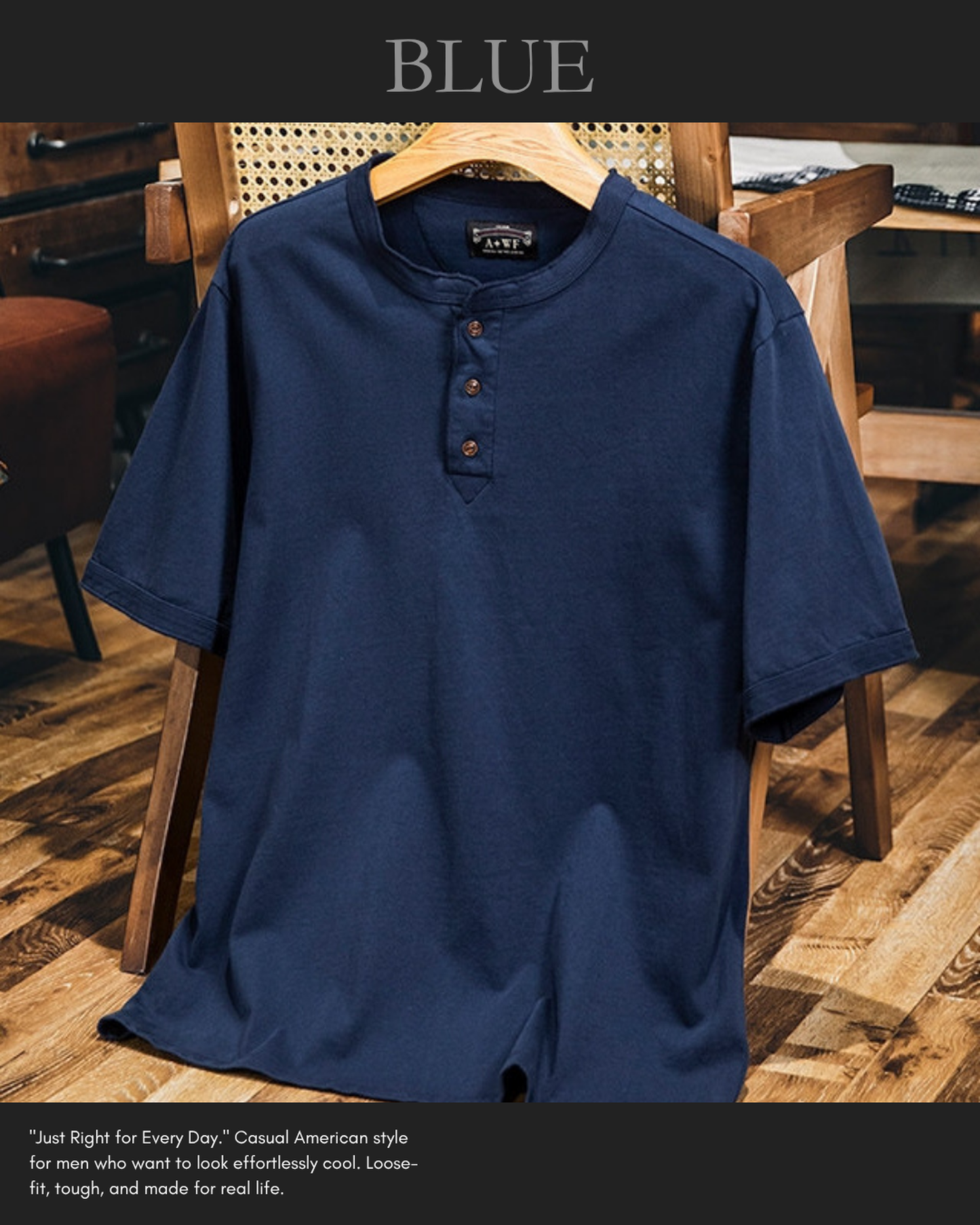 vintage henley neck solid short sleeve t-shirt 5color 【ACT0158】