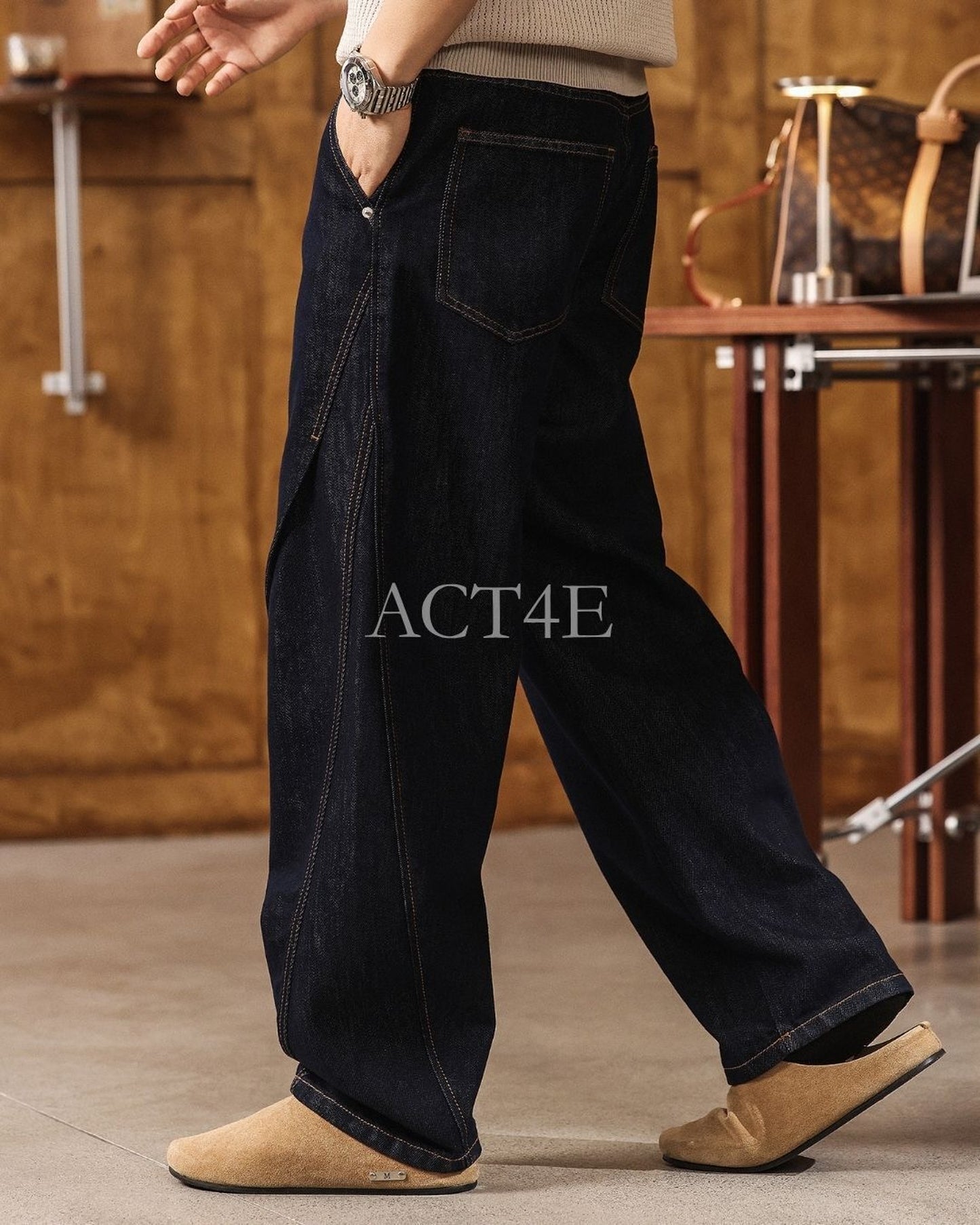 vintage raw wash curved wide denim pants 【ACT0214】