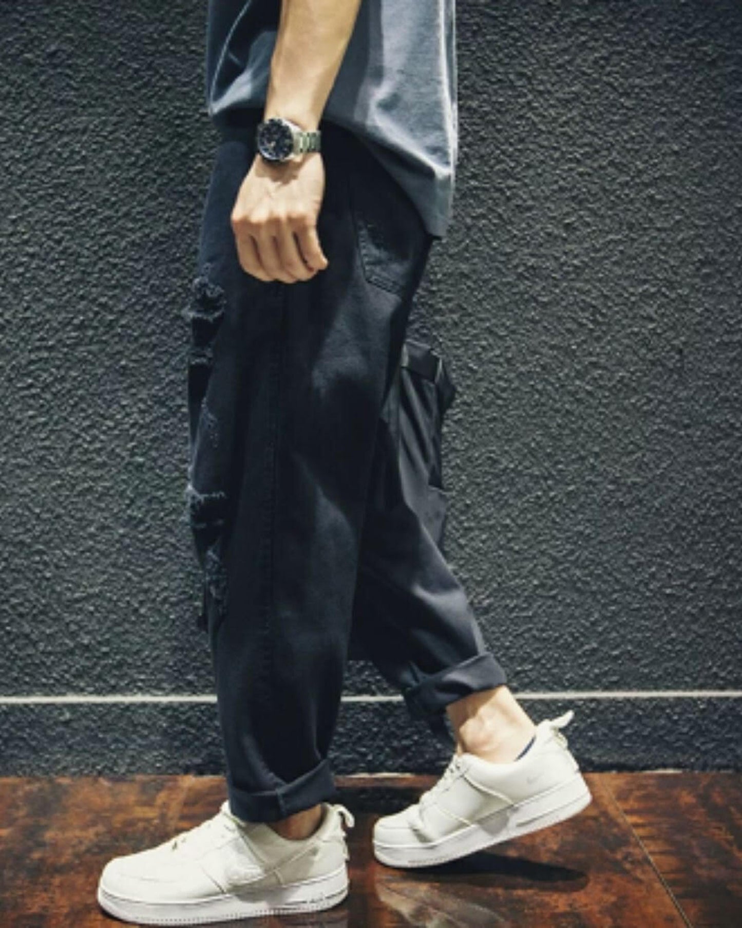 damage processed wide tapered denim pants 【ACT0020】
