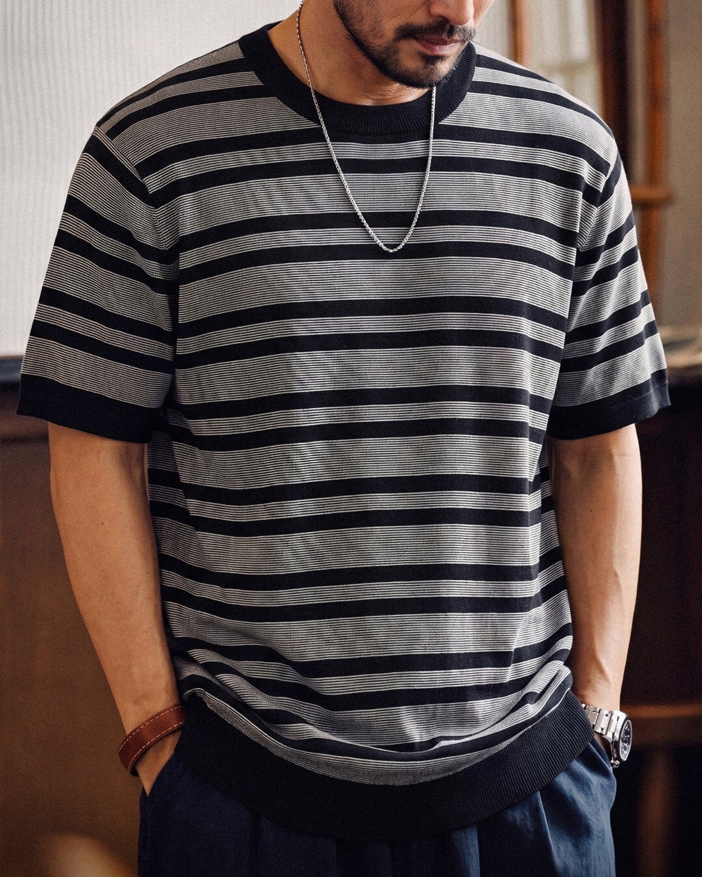Short Sleeve Relaxed Fit Striped Crew Neck Knit T-Shirt 2color 【ACT0123】
