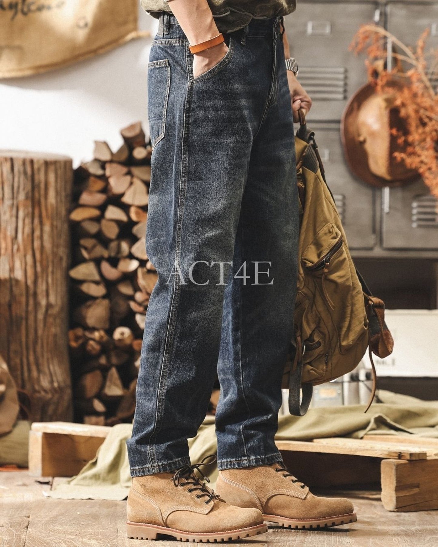 vintage washed loose tapered denim pants 【ACT0208】