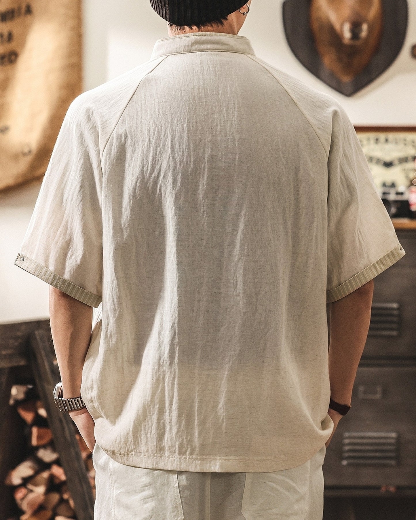 band collar henley neck short sleeve shirt 2color 【ACT0166】