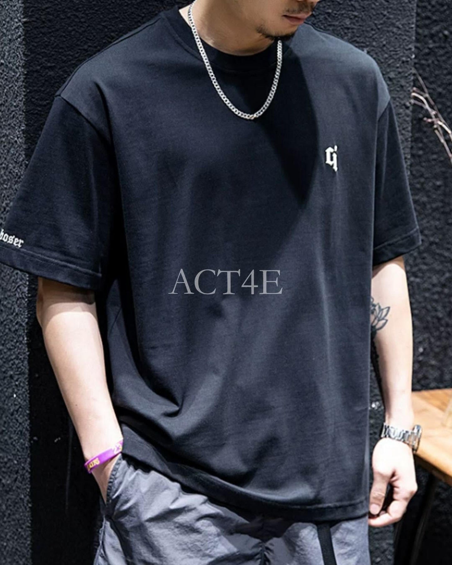 embroidered logo oversized t-shirt 4color 【ACT0028】