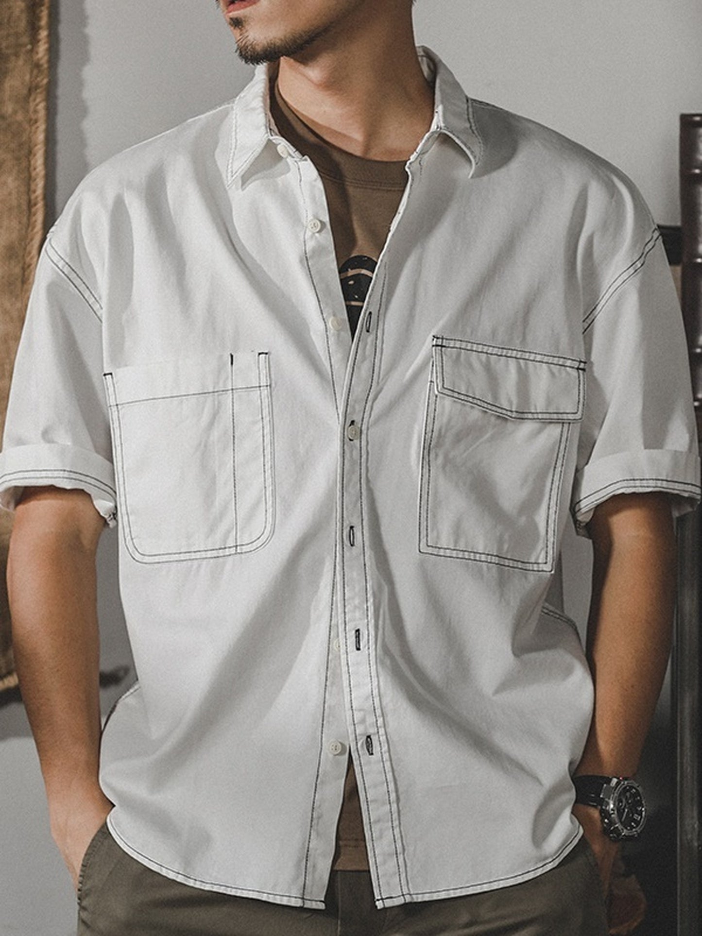 loose-fit stitched pocket short-sleeve cotton shirt 【ACT0252】