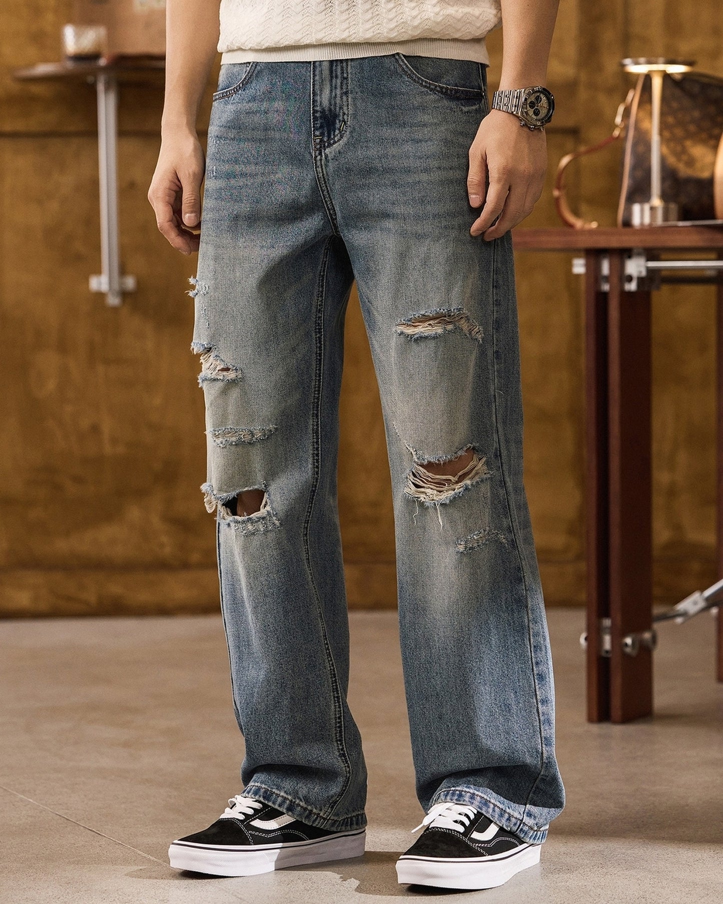 distressed loose straight denim pants 【ACT0177】