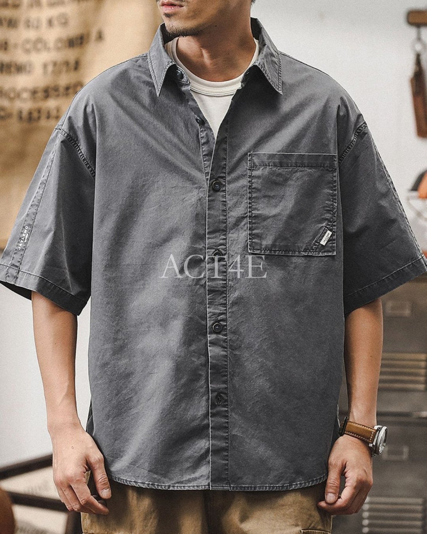 vintage washed loose military short sleeve shirt 2color 【ACT0246】