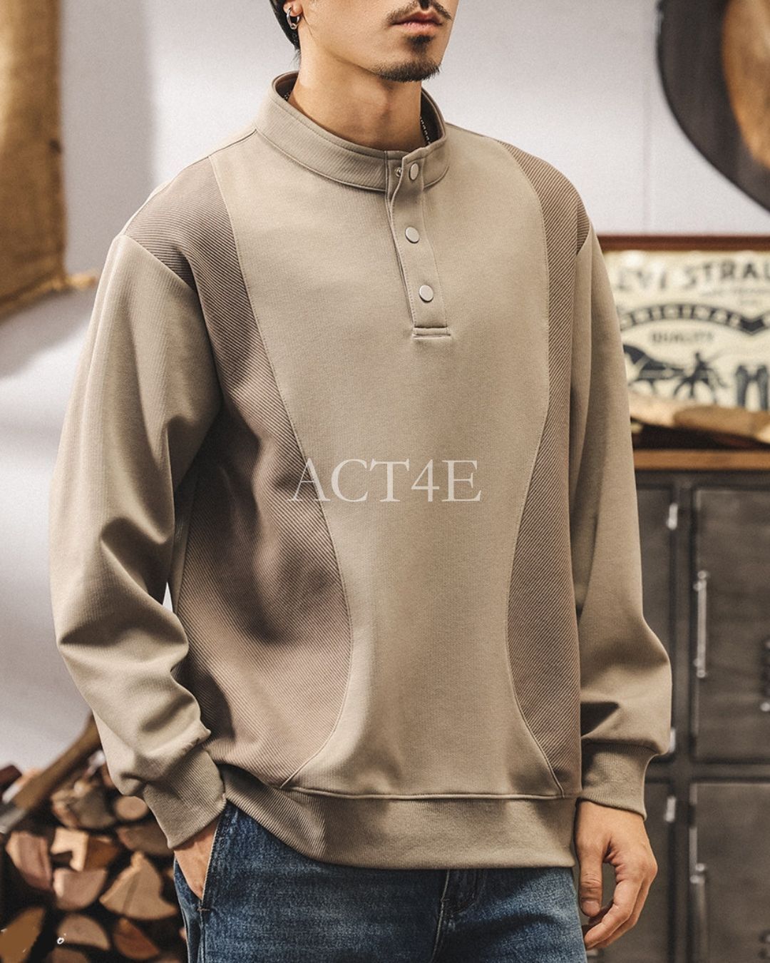 【M-4XL】henley neck vintage casual sweatshirt 【ACT0256】