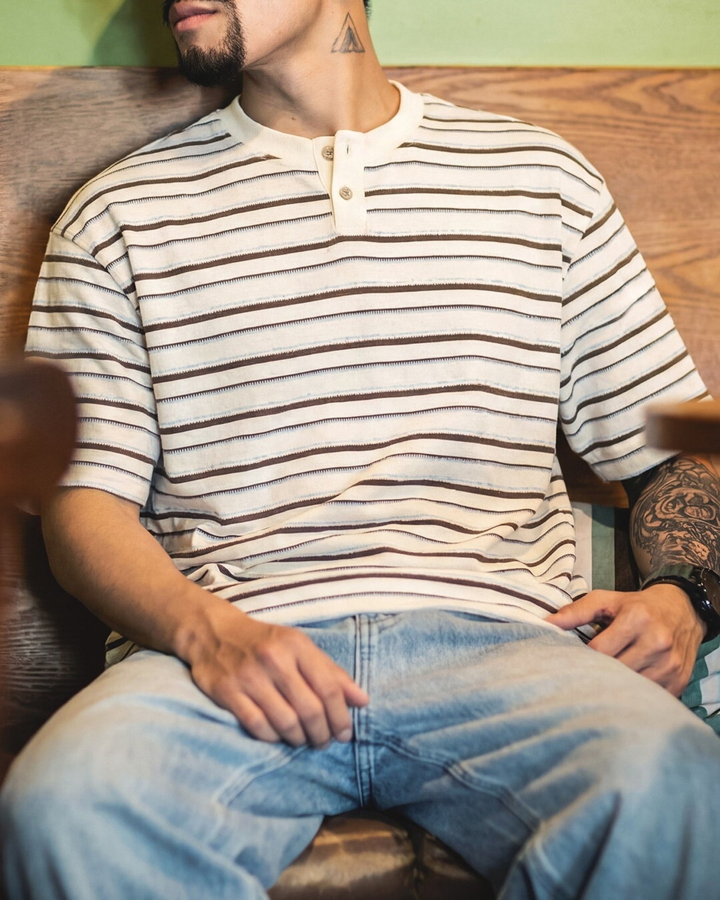 Stripe Henley-Neck Casual Loose Short-Sleeve T-Shirt 【ACT0071】