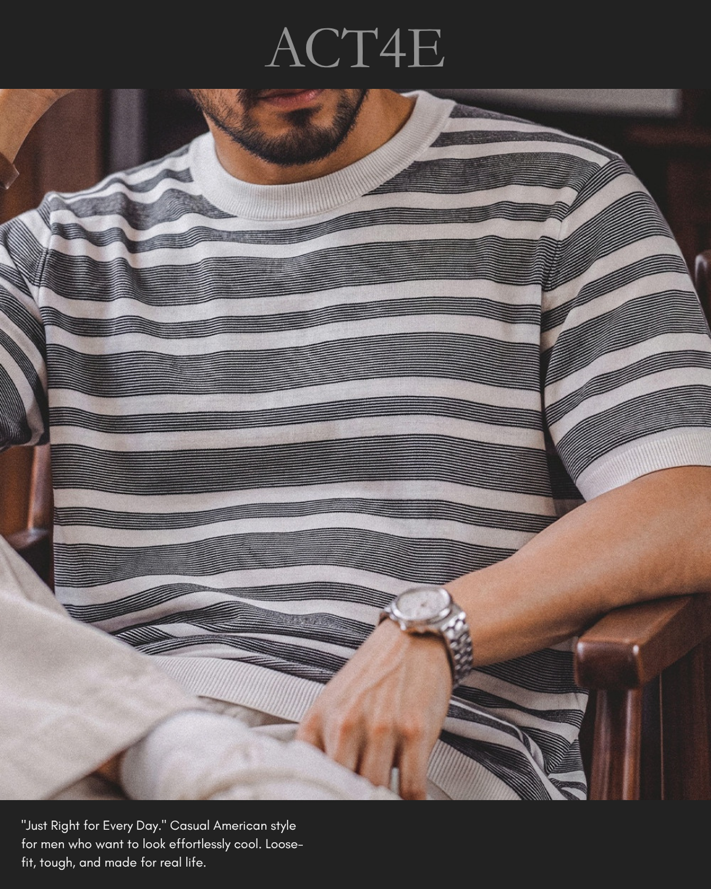 Short Sleeve Relaxed Fit Striped Crew Neck Knit T-Shirt 2color 【ACT0123】