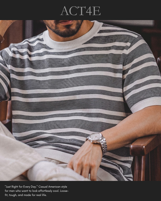 Short Sleeve Relaxed Fit Striped Crew Neck Knit T-Shirt 2color 【ACT0123】