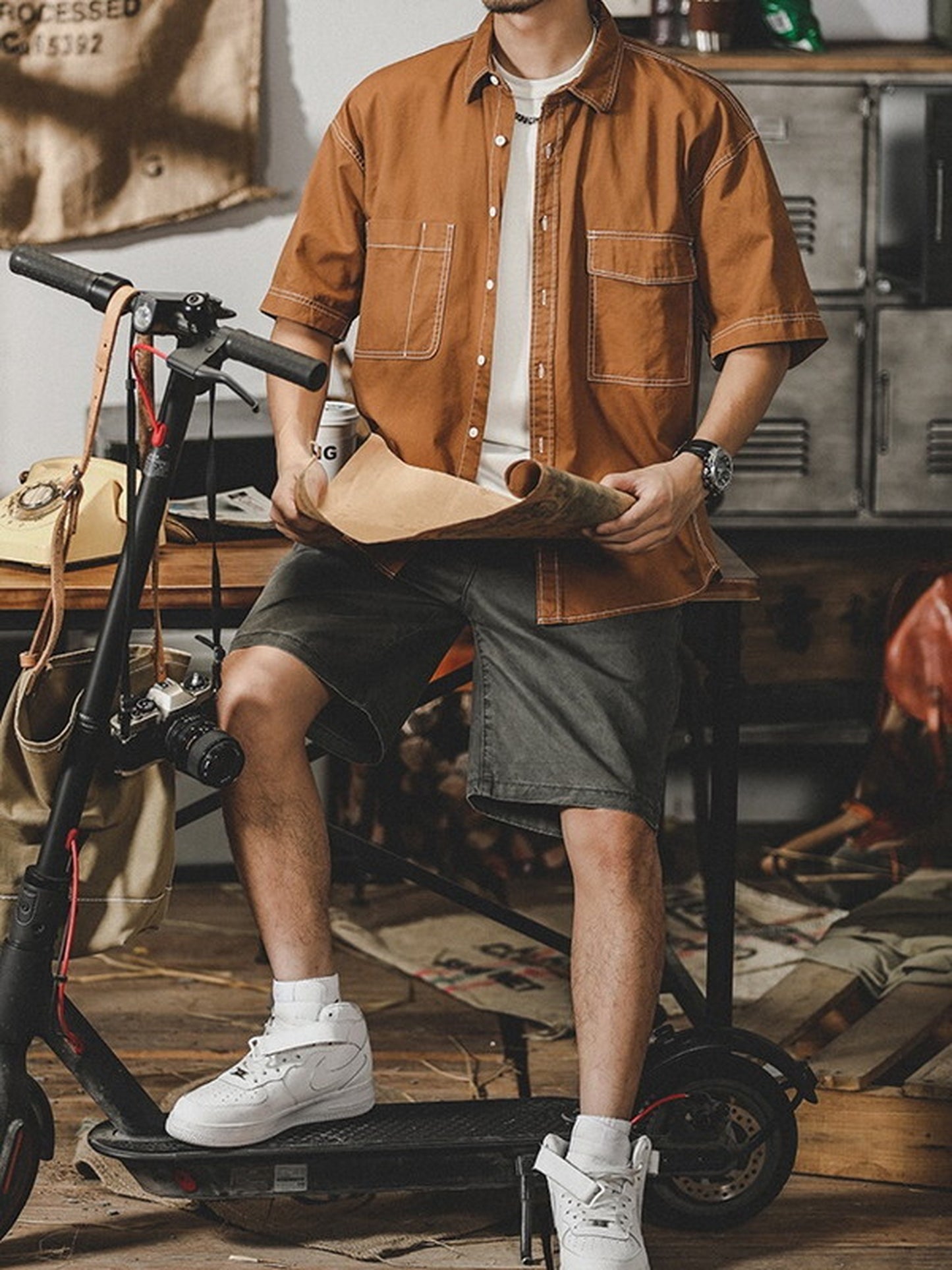 loose-fit stitched pocket short-sleeve cotton shirt 【ACT0252】