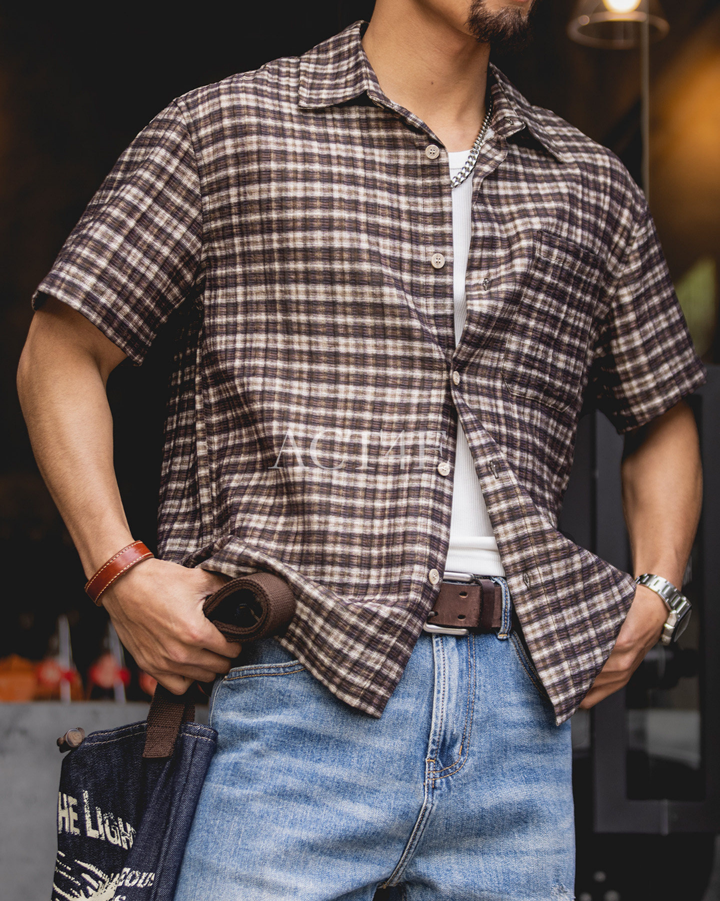Classic-Check Pocket Loose Casual Short-Sleeve Shirt 【ACT0130】