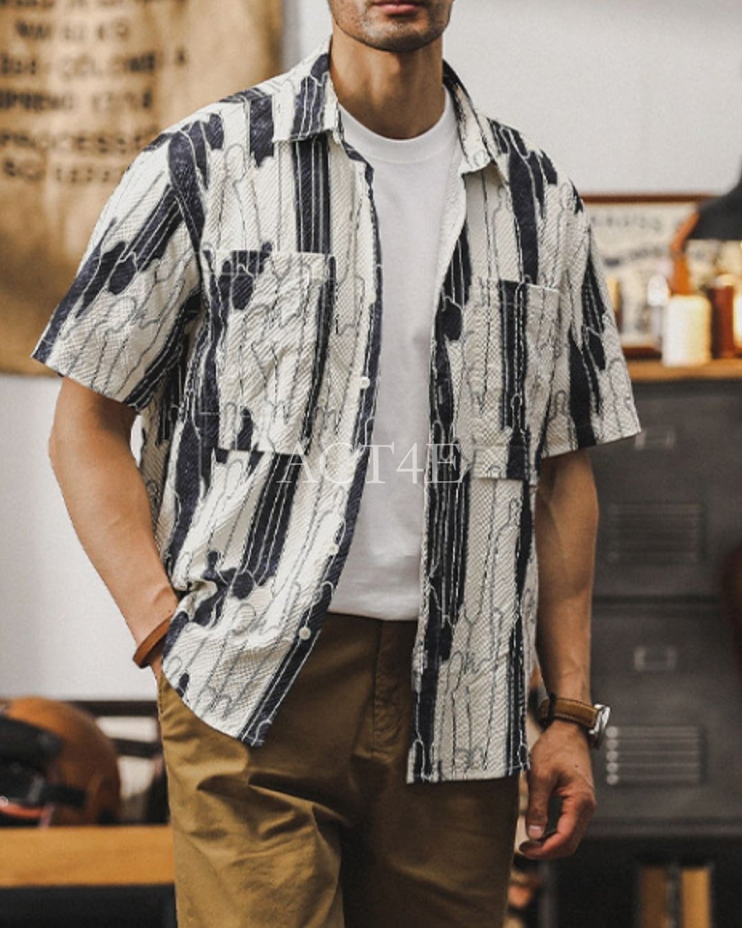 vintage pattern loose short sleeve work shirt 2color 【ACT0227】