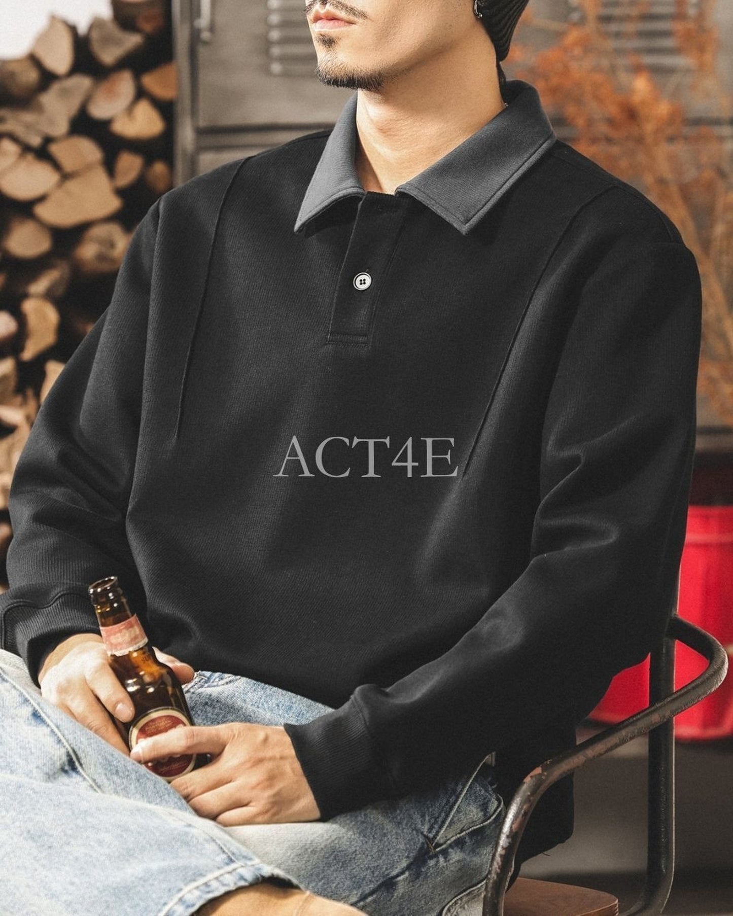 heavy weight long sleeve POLO shirt 2color 【ACT0239】