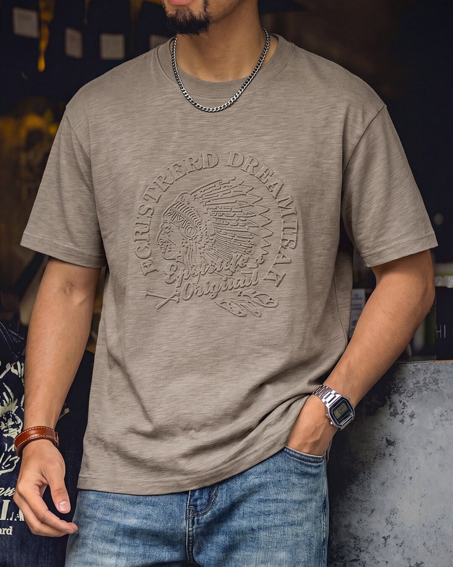 Embossed Relaxed Fit Graphic Slub Casual T-Shirt 2color 【ACT0111】