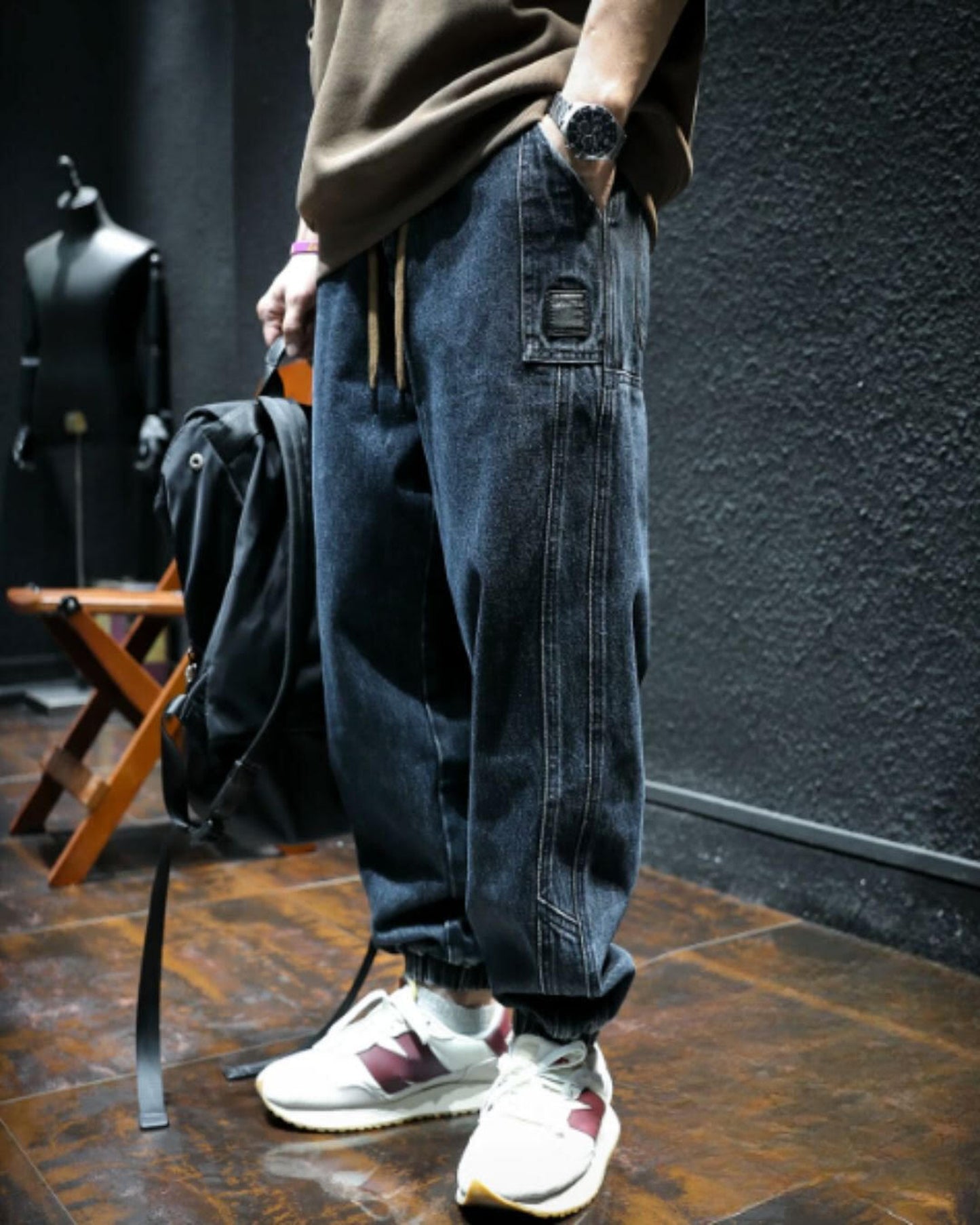 drawstring patch pocket tapered denim pants 【ACT0021】