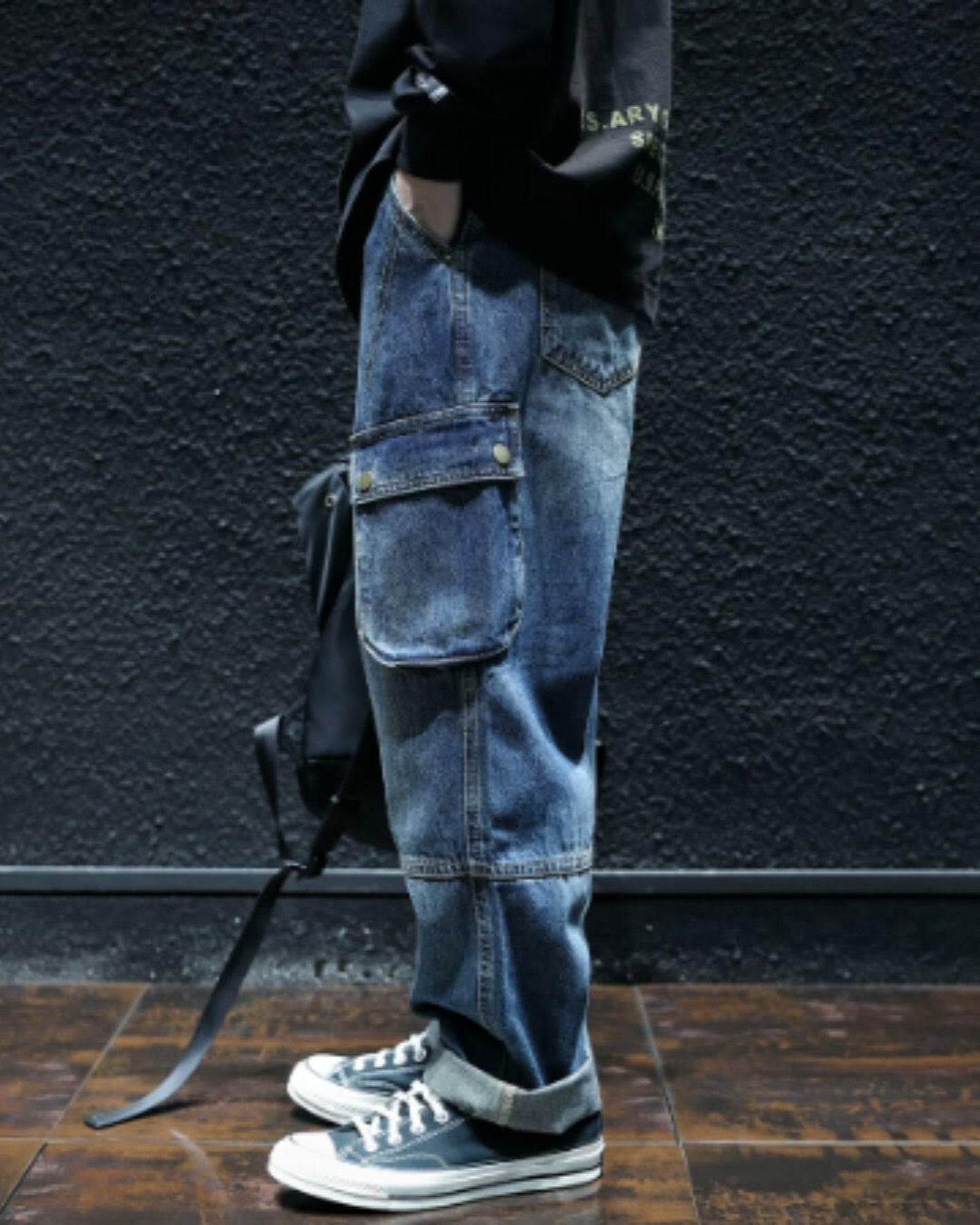 vintage processed loose fit cargo denim pants 【ACT0023】