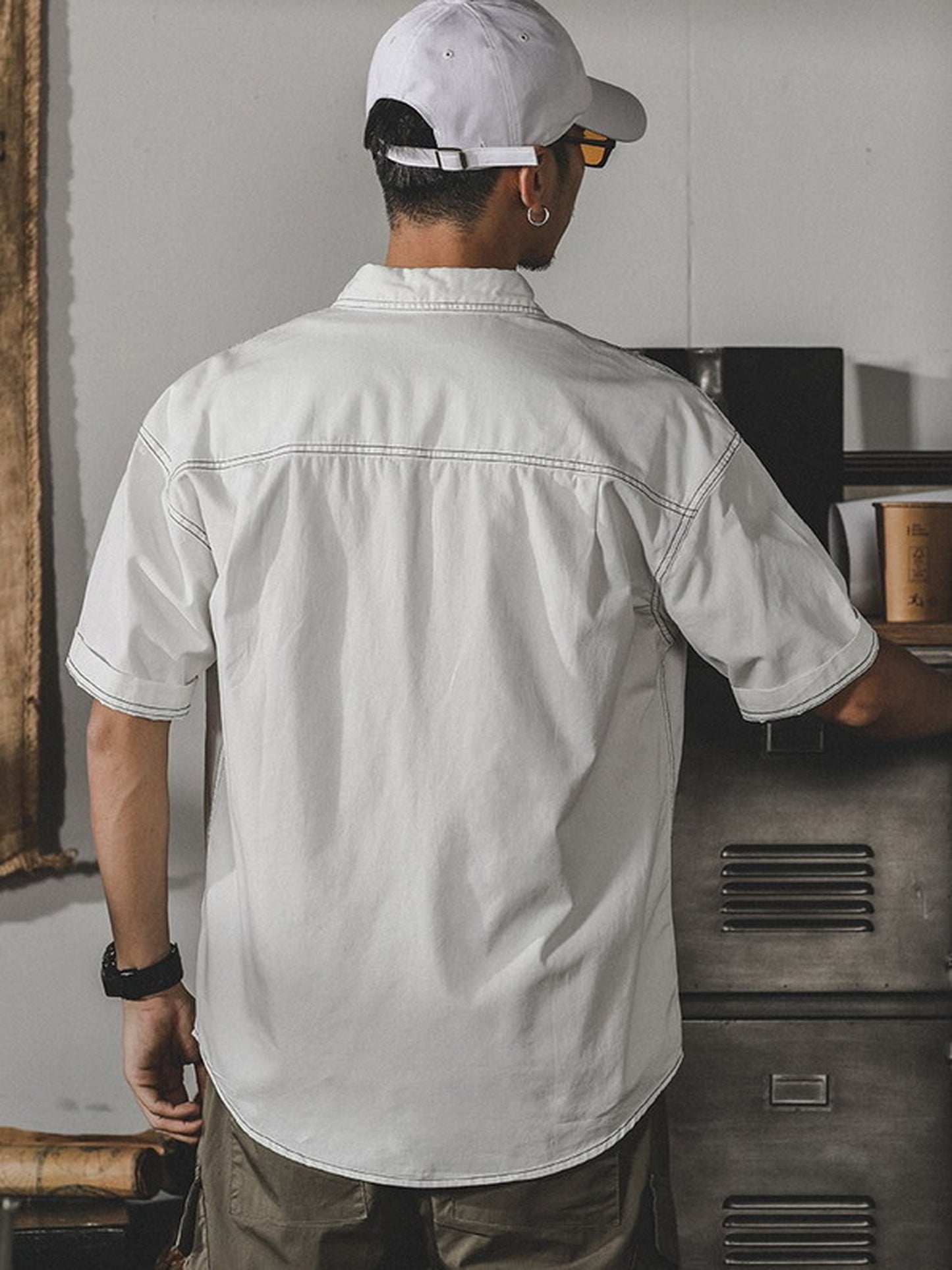 loose-fit stitched pocket short-sleeve cotton shirt 【ACT0252】
