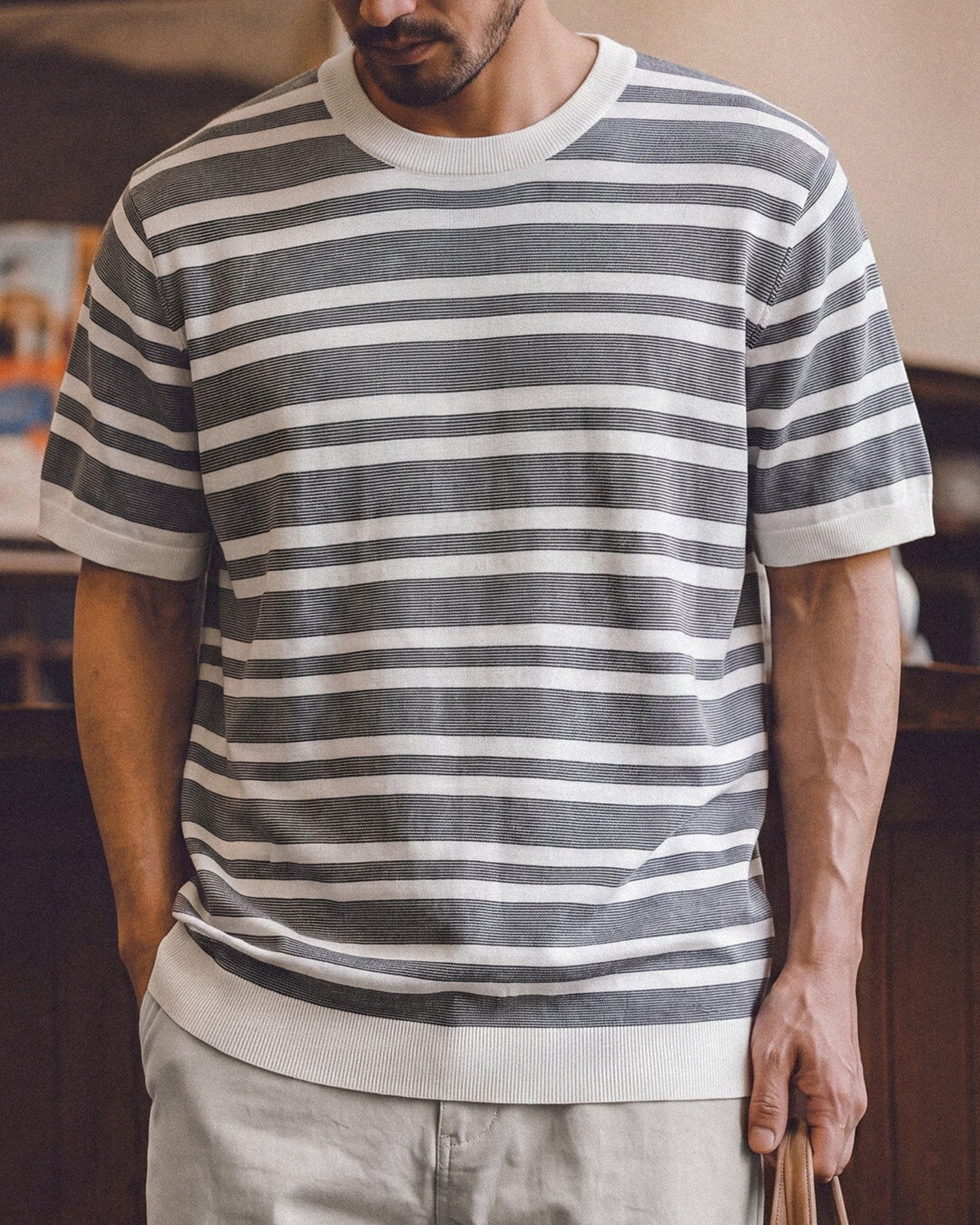 Short Sleeve Relaxed Fit Striped Crew Neck Knit T-Shirt 2color 【ACT0123】