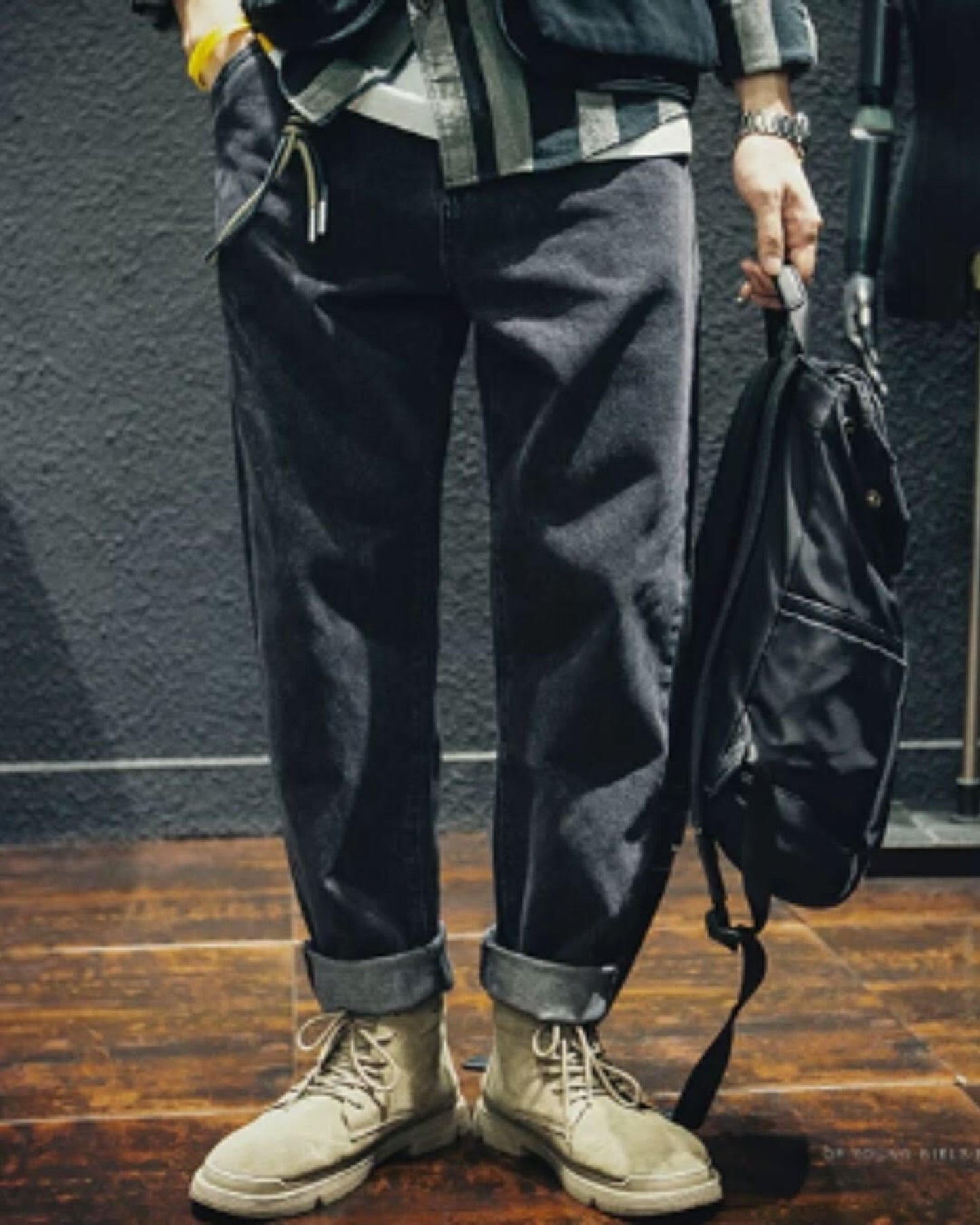 drawstring processed wide straight denim pants 【ACT0022】