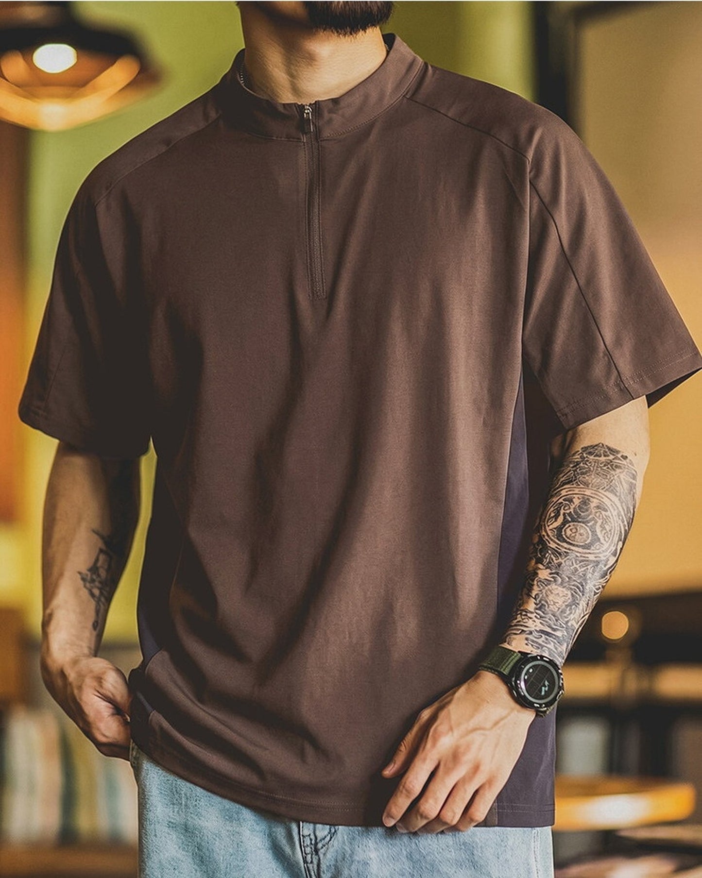 Half-Zip Coolmax-Blend Color-Block Short-Sleeve T-Shirt 【ACT0132】