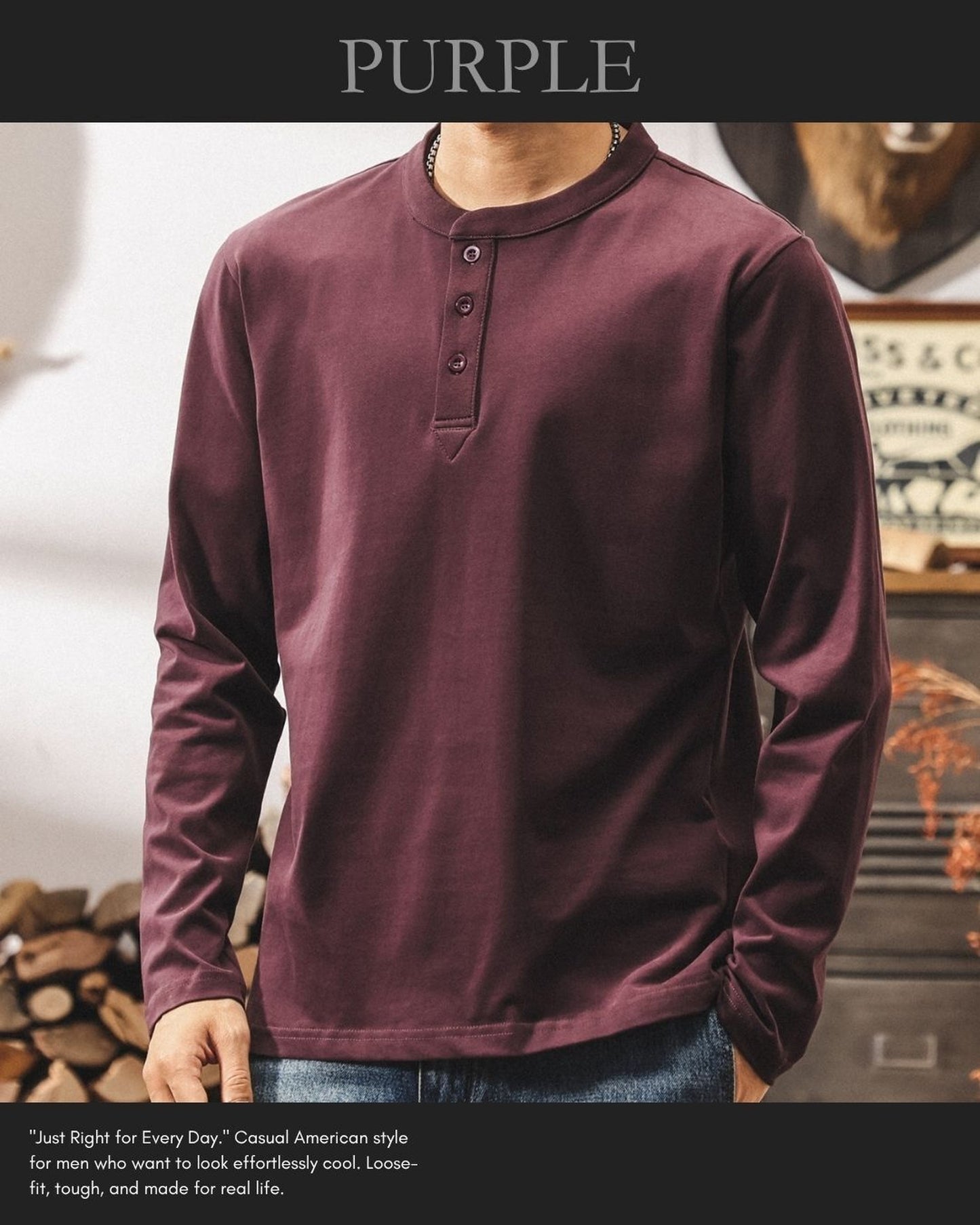 henley neck long sleeve t-shirt 5color 【ACT0244】