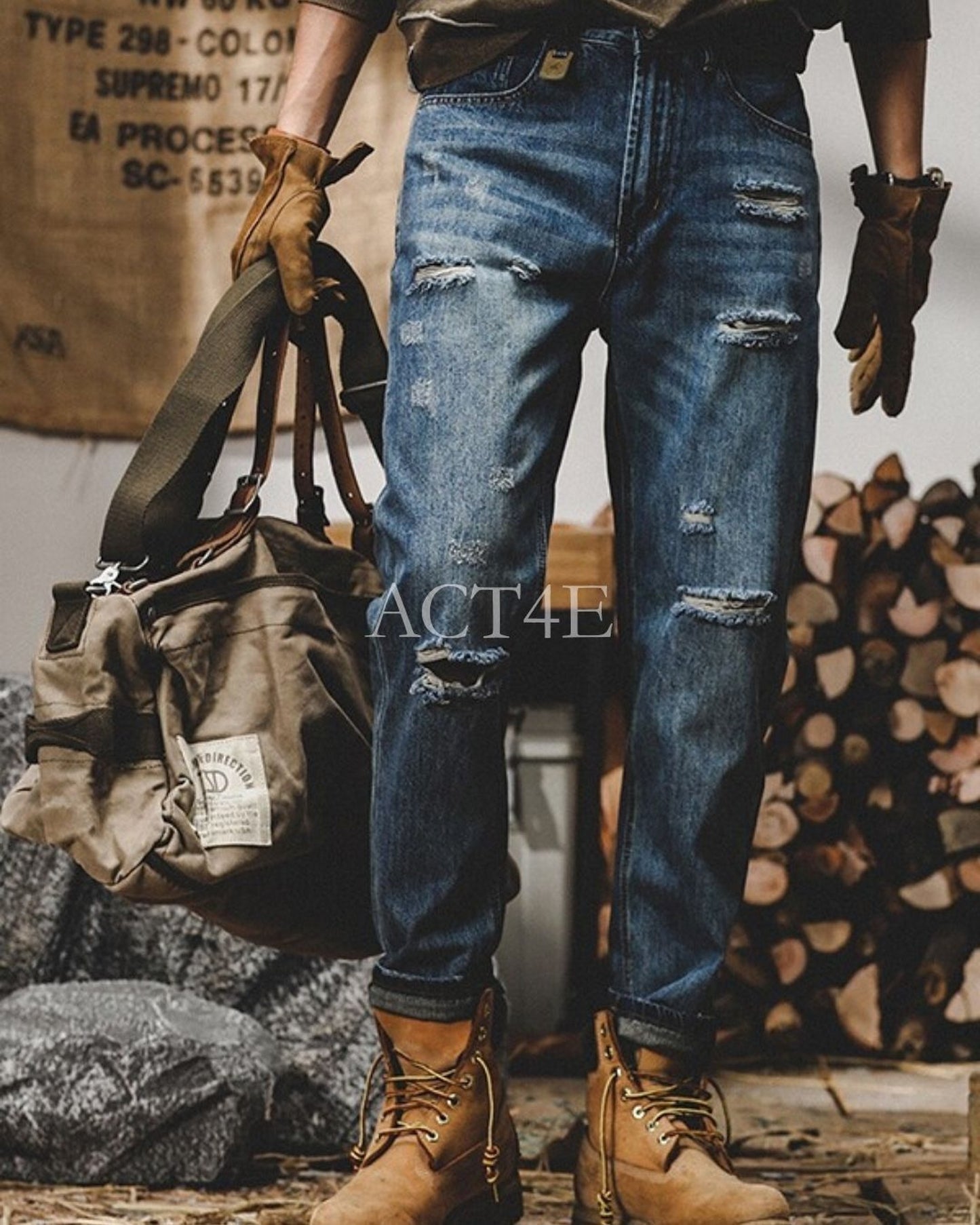 vintage relaxed tapered damage denim pants 2color 【ACT0199】