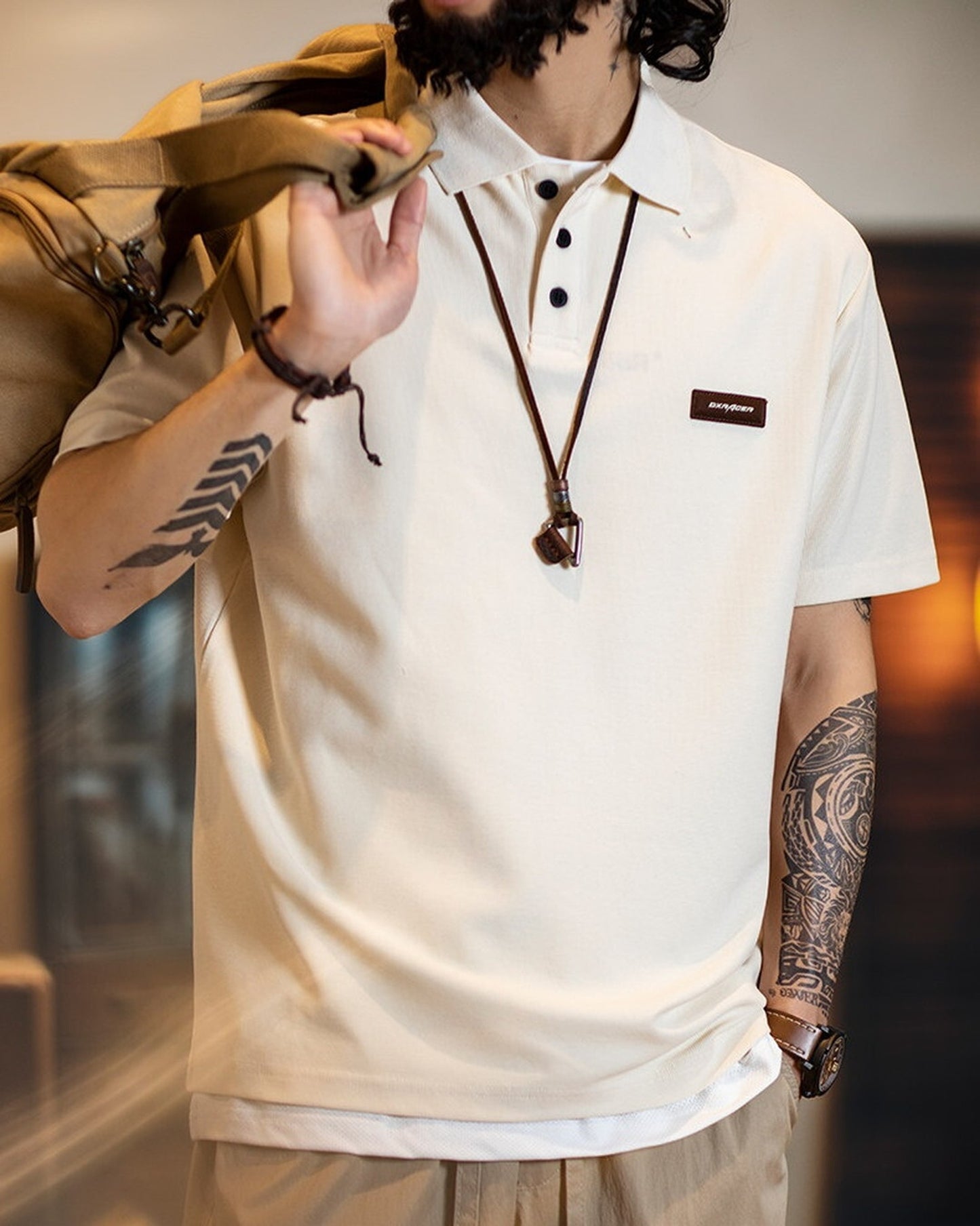 Patch Polo Loose Short -Sleeve Casual T-Shirt 2color 【ACT0075】