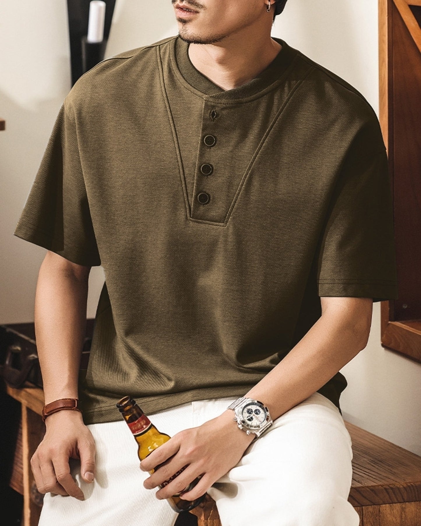 henley neck short sleeve t-shirt 2color 【ACT0245】