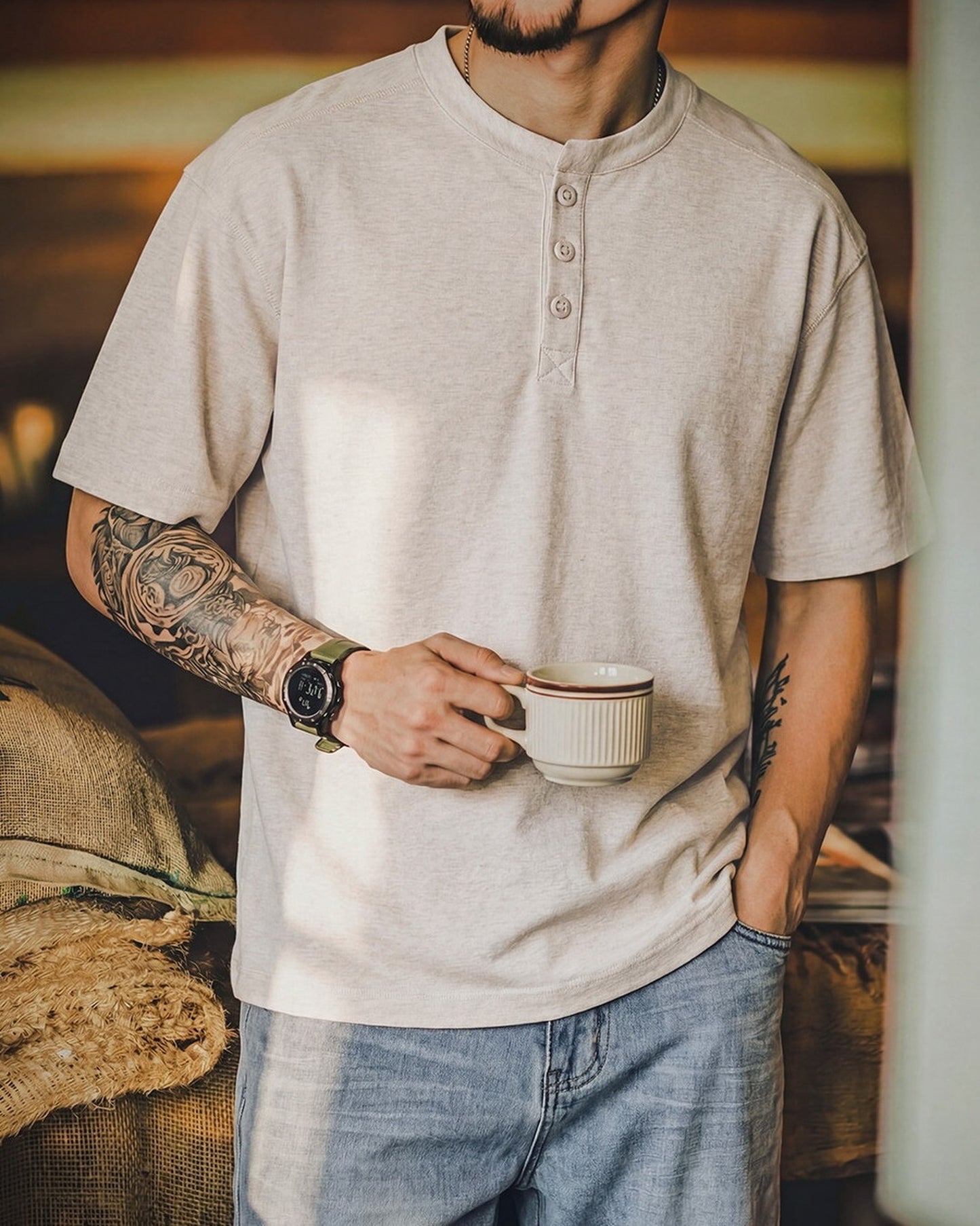 Henley-Neck Slub-Cotton Loose-Casual Short-Sleeve T-Shirt 2color 【ACT0126】