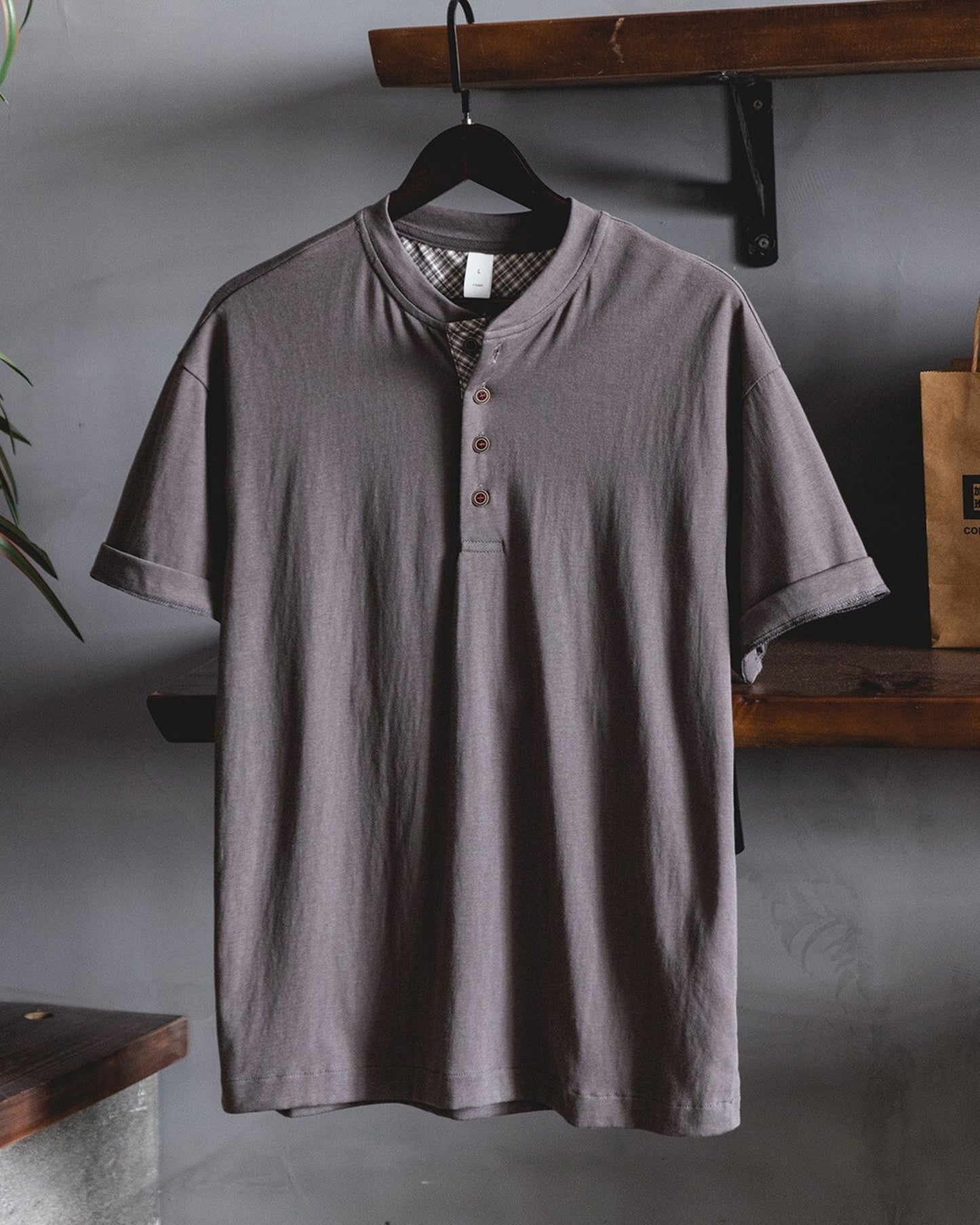 Check Plaid Henley-Neck Loose Casual T-Shirt 【ACT0078】